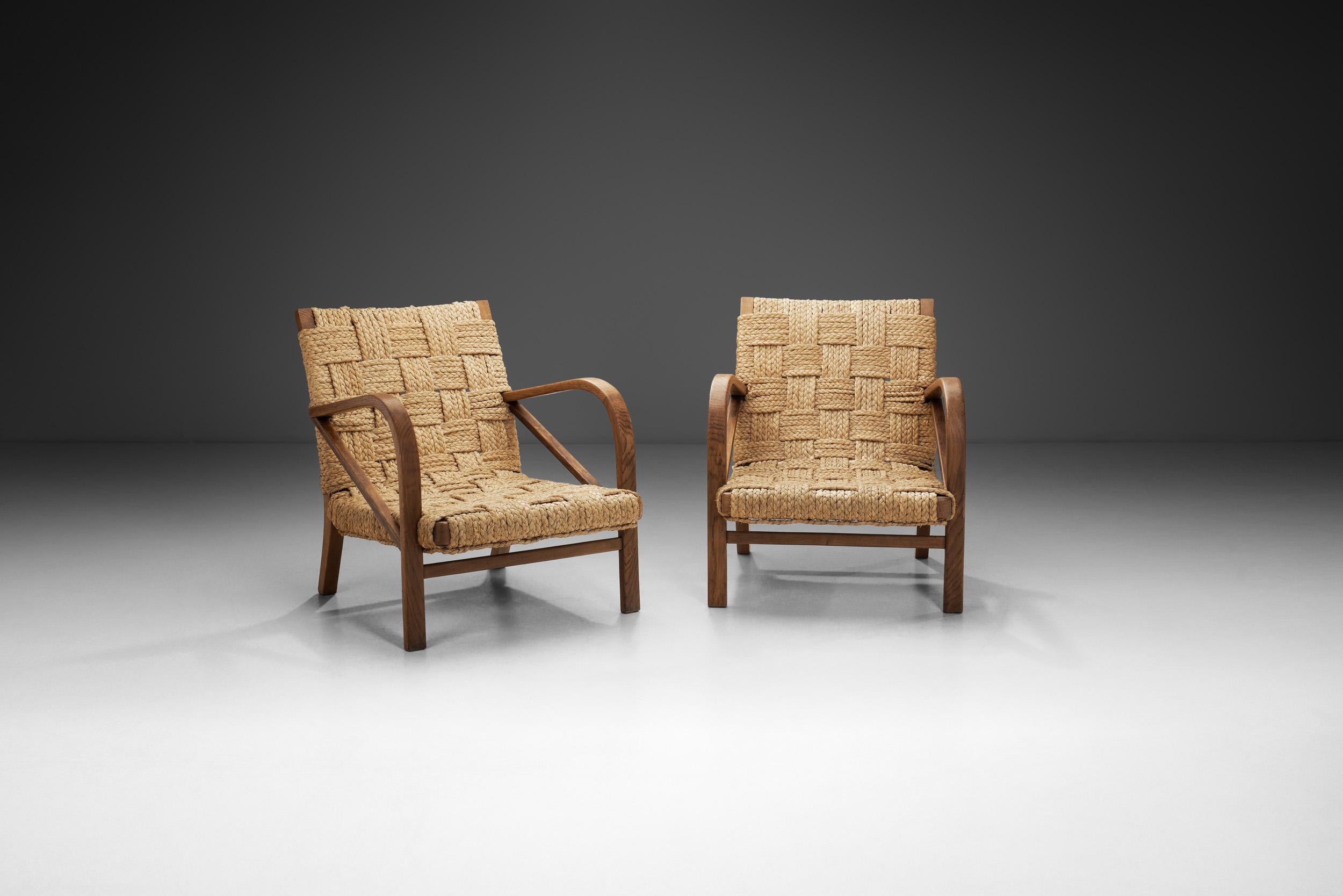 Mid-Century Modern A Pair of Woven Rope Armchairs by Audoux-Minet, France ca 1950s