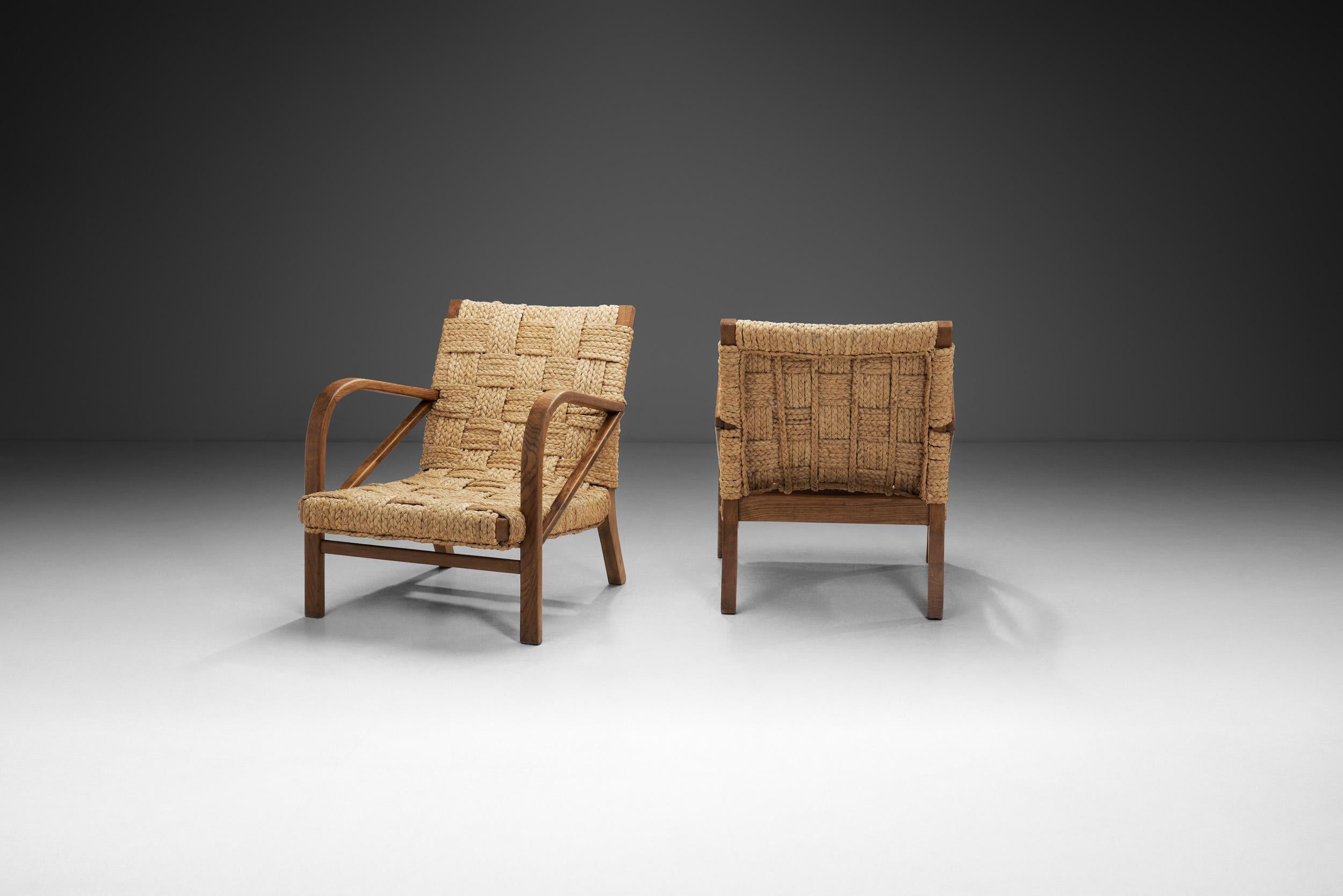 Mid-20th Century A Pair of Woven Rope Armchairs by Audoux-Minet, France ca 1950s