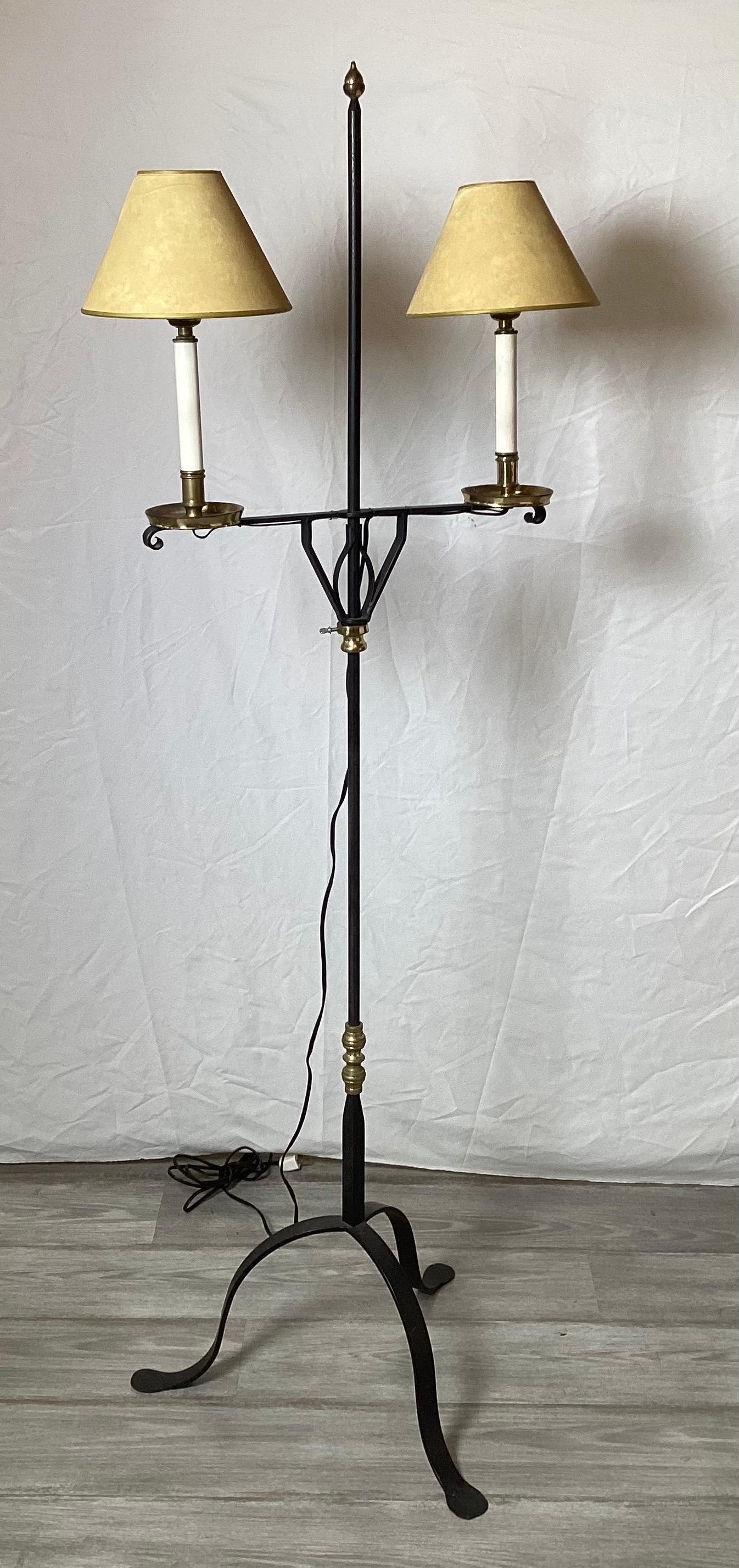 A Pair of Wroght Iron and Brass Adjustable Floor Lamps For Sale 3