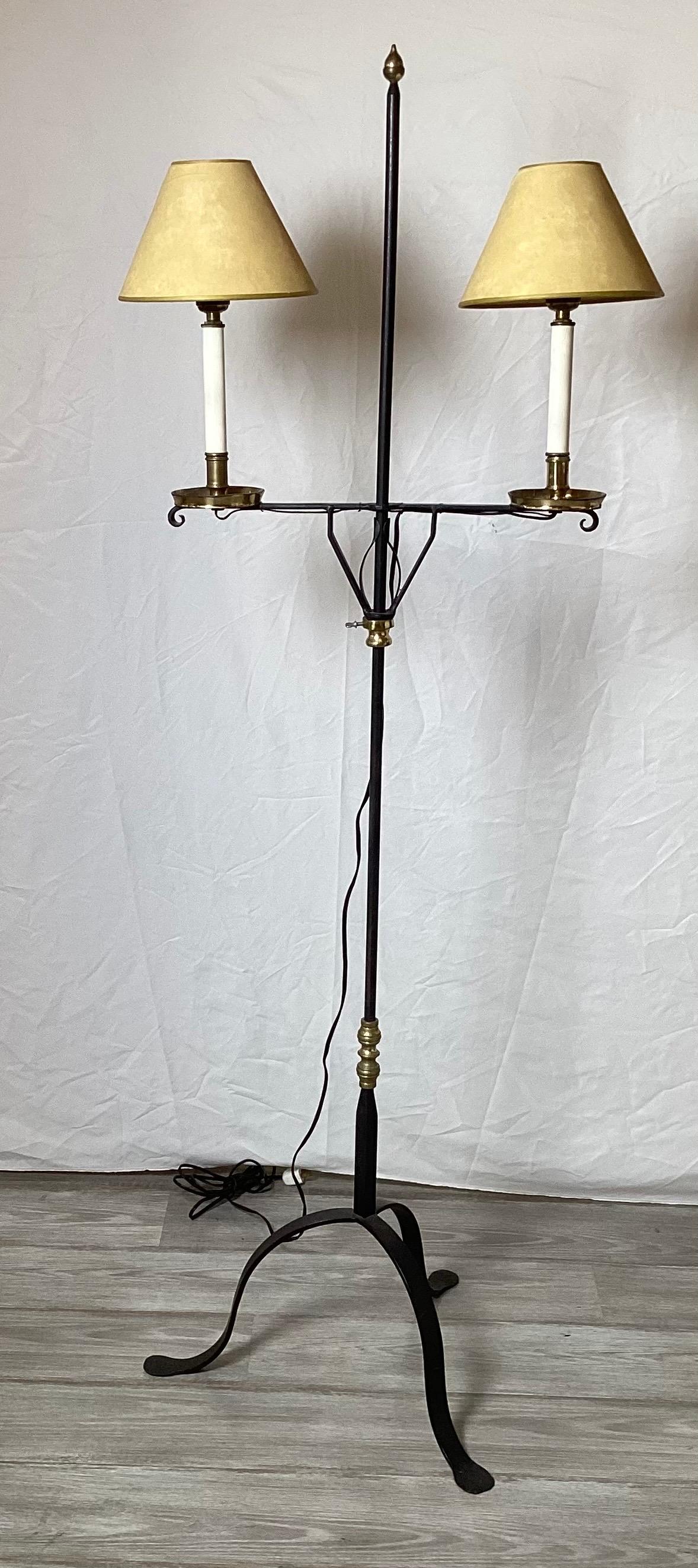 A Pair of Wroght Iron and Brass Adjustable Floor Lamps For Sale 4