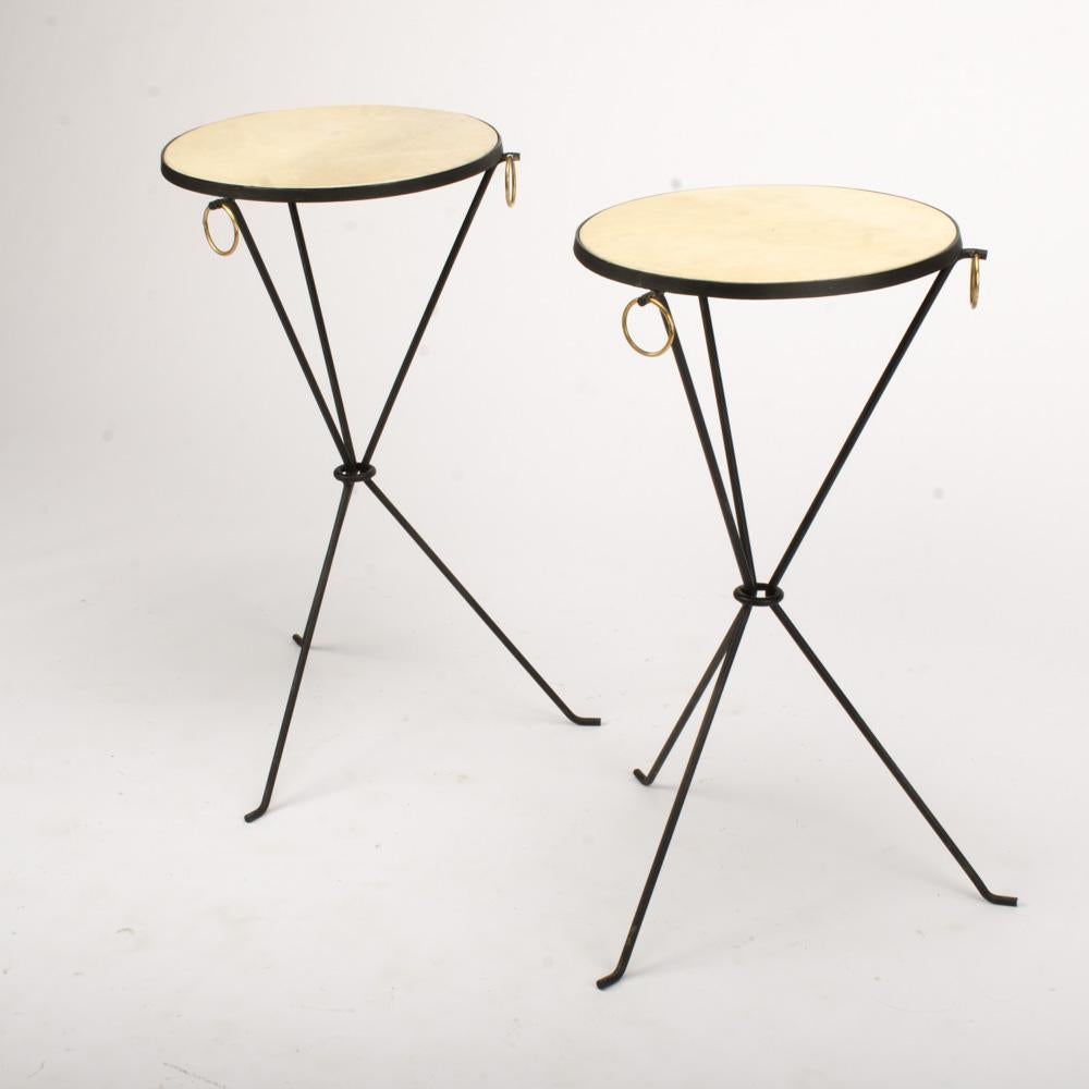 Mid-Century Modern Pair of Wrought Iron and Brass Drink Tables, Contemporary
