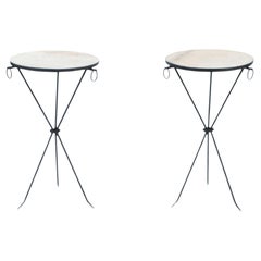 Pair of Wrought Iron and Brass Drink Tables with Parchment Tops, Contemporary