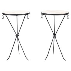 Pair of Wrought Iron and Brass Drink Tables with Parchment Tops