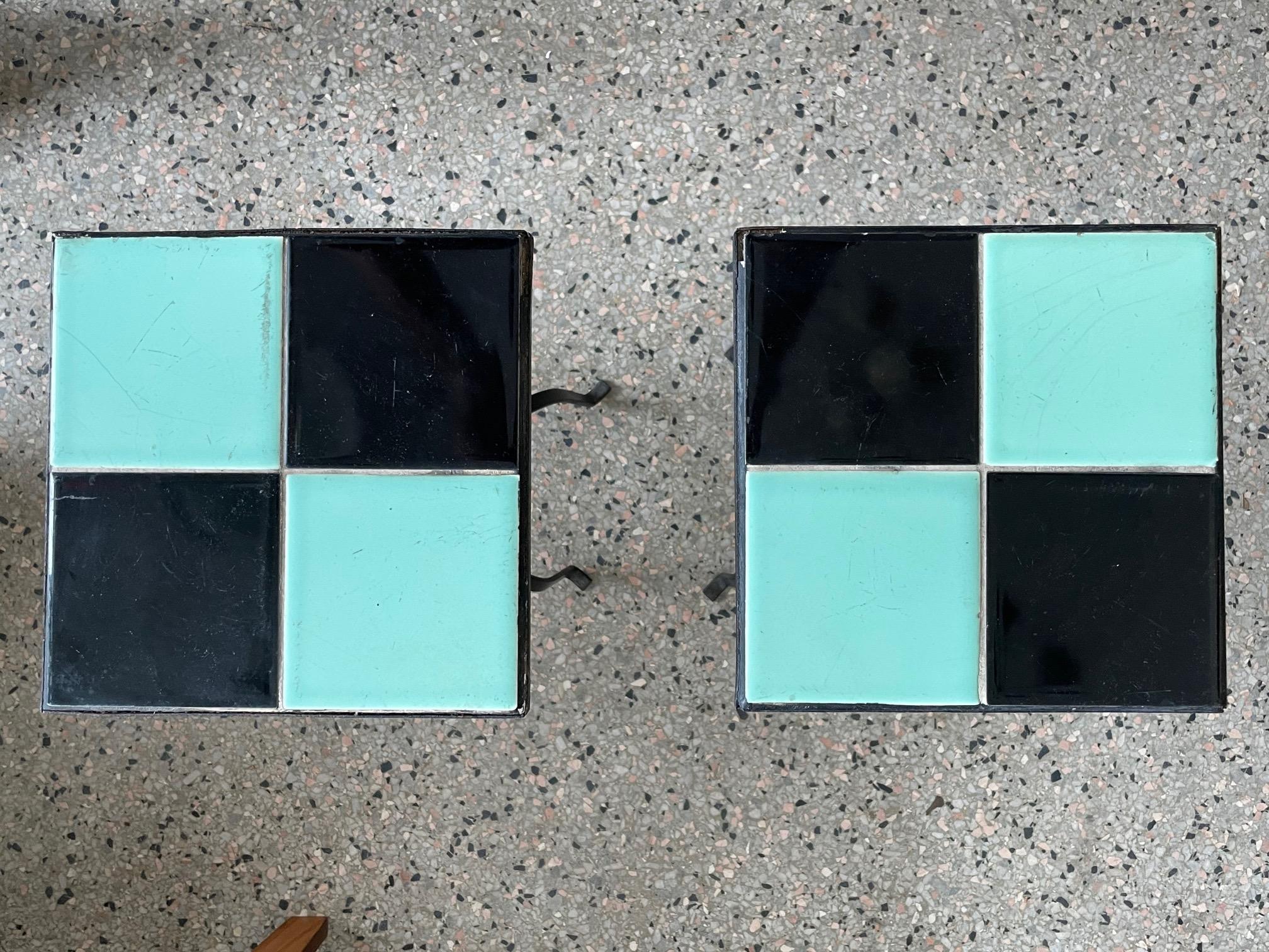 Mid-Century Modern Pair of Wrought Iron and Tile Tables