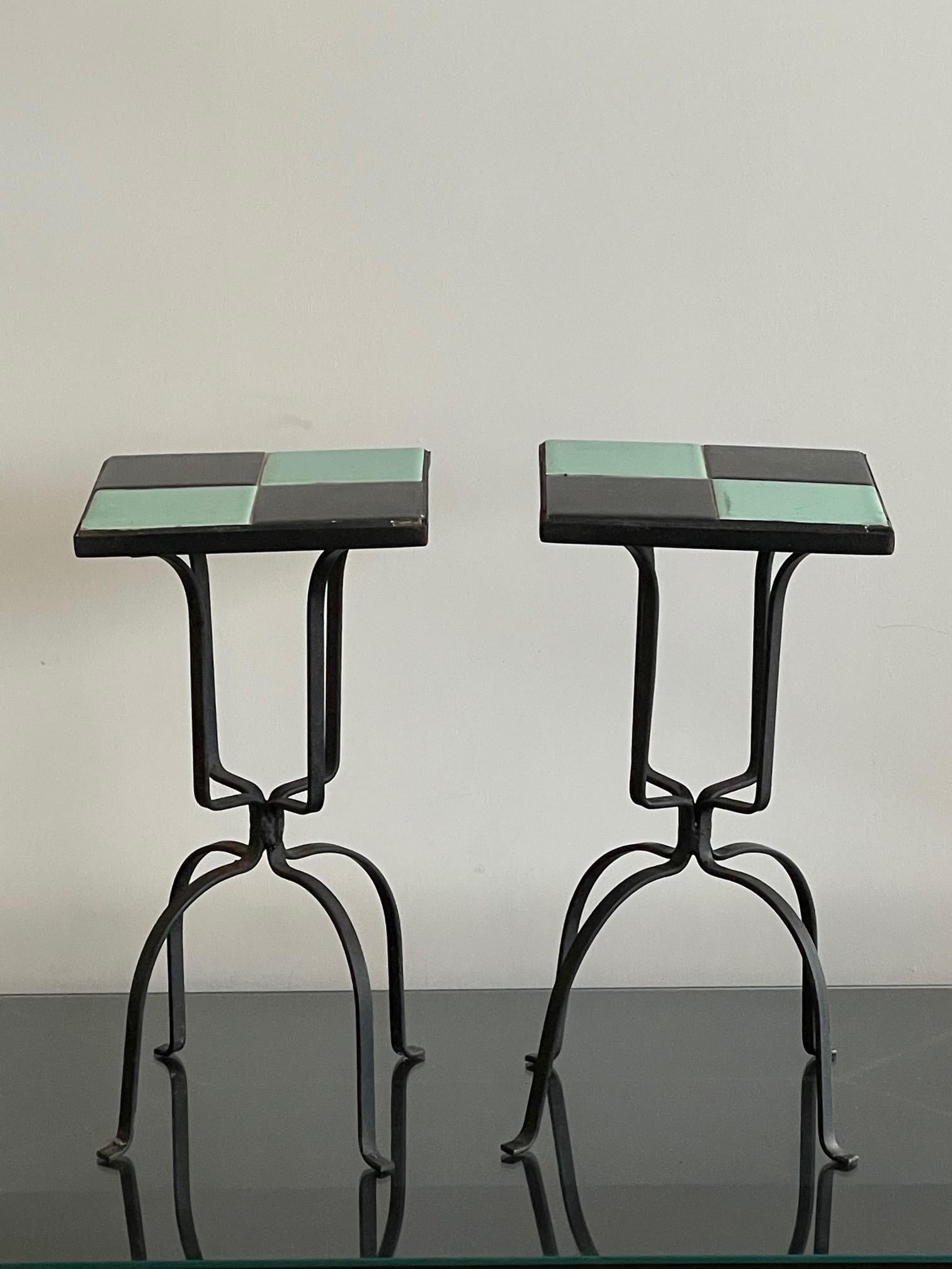 Ceramic Pair of Wrought Iron and Tile Tables