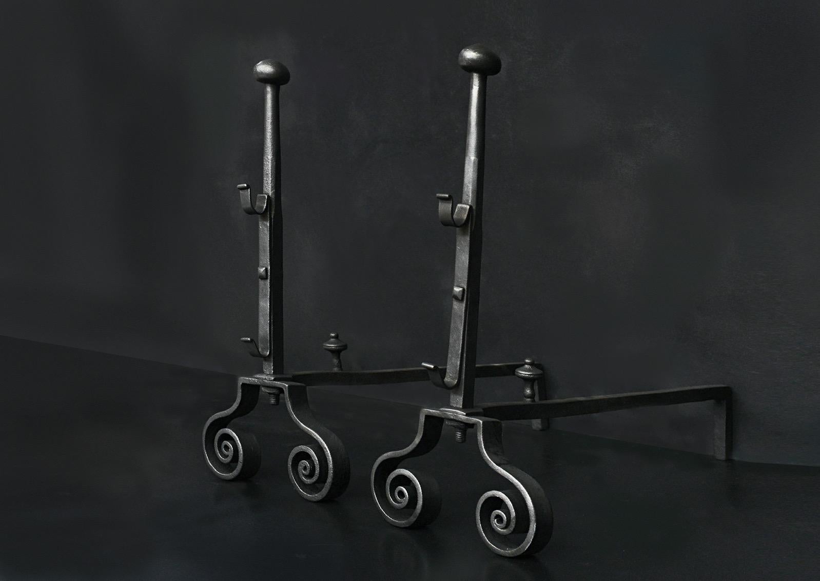 English Pair of Wrought Iron Andirons For Sale