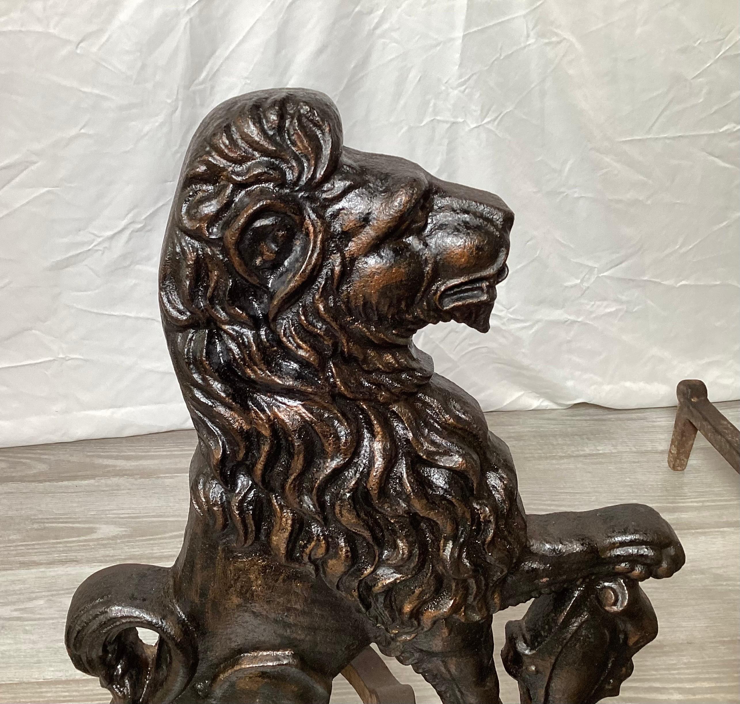 American Pair of Wrought Iron Armorial Lion Andirons