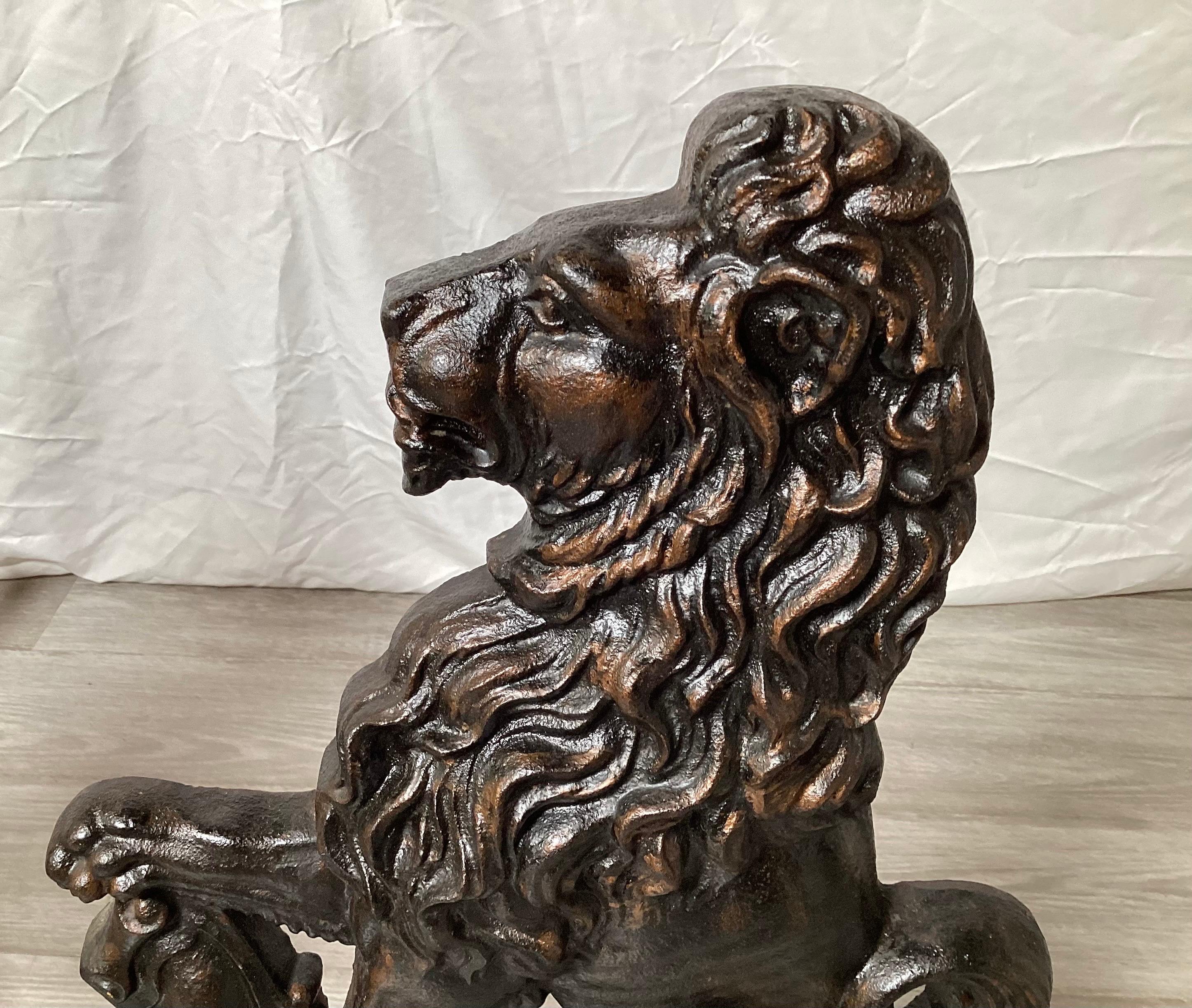 Pair of Wrought Iron Armorial Lion Andirons In Good Condition In Lambertville, NJ
