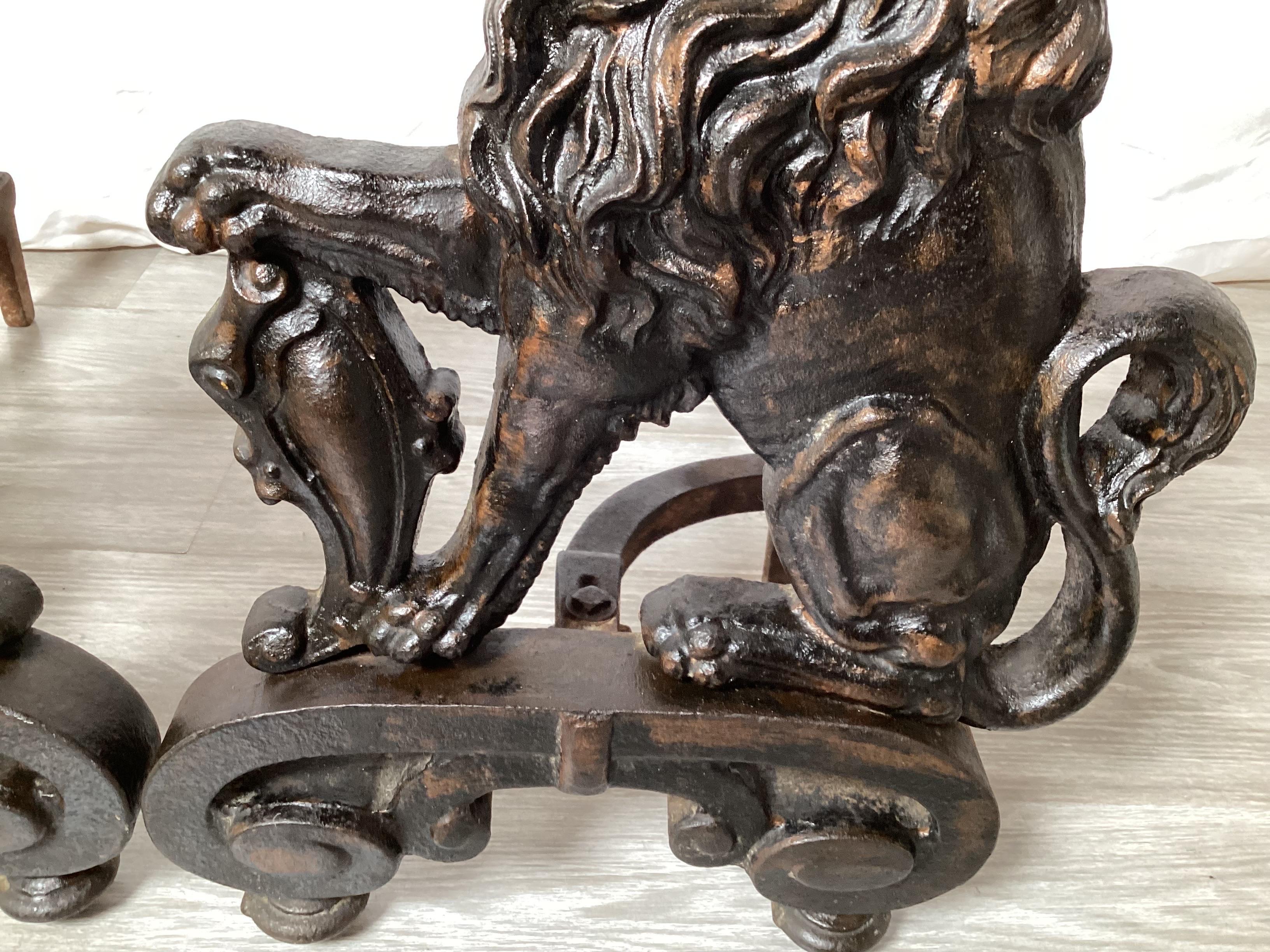 20th Century Pair of Wrought Iron Armorial Lion Andirons