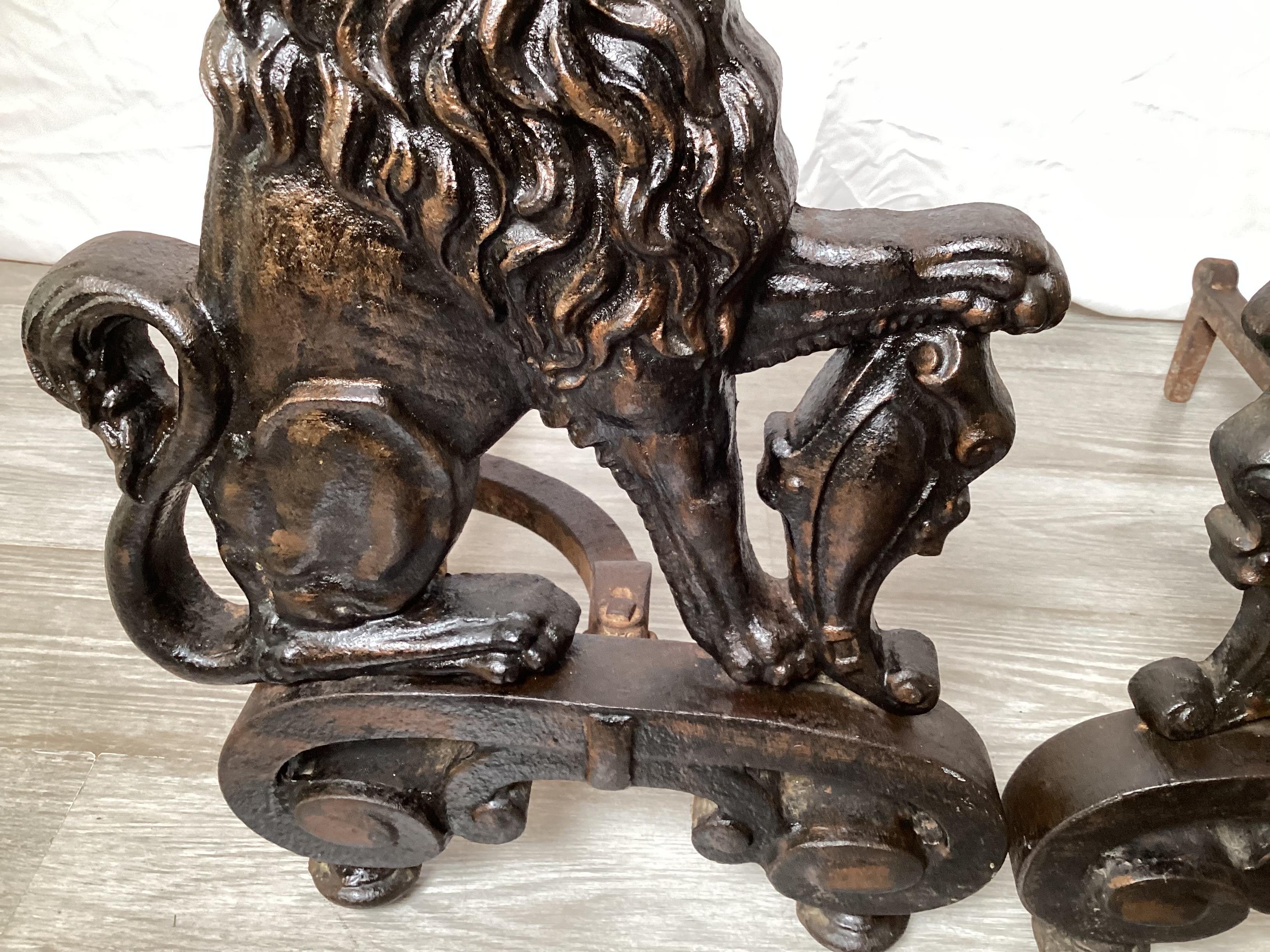 Pair of Wrought Iron Armorial Lion Andirons 1