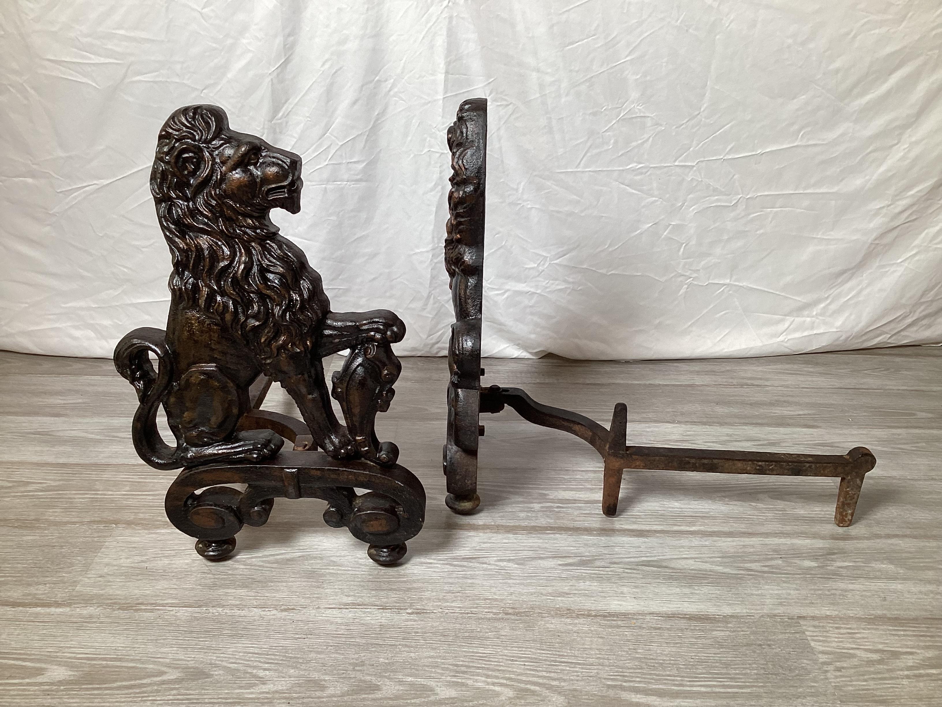 Pair of Wrought Iron Armorial Lion Andirons 2