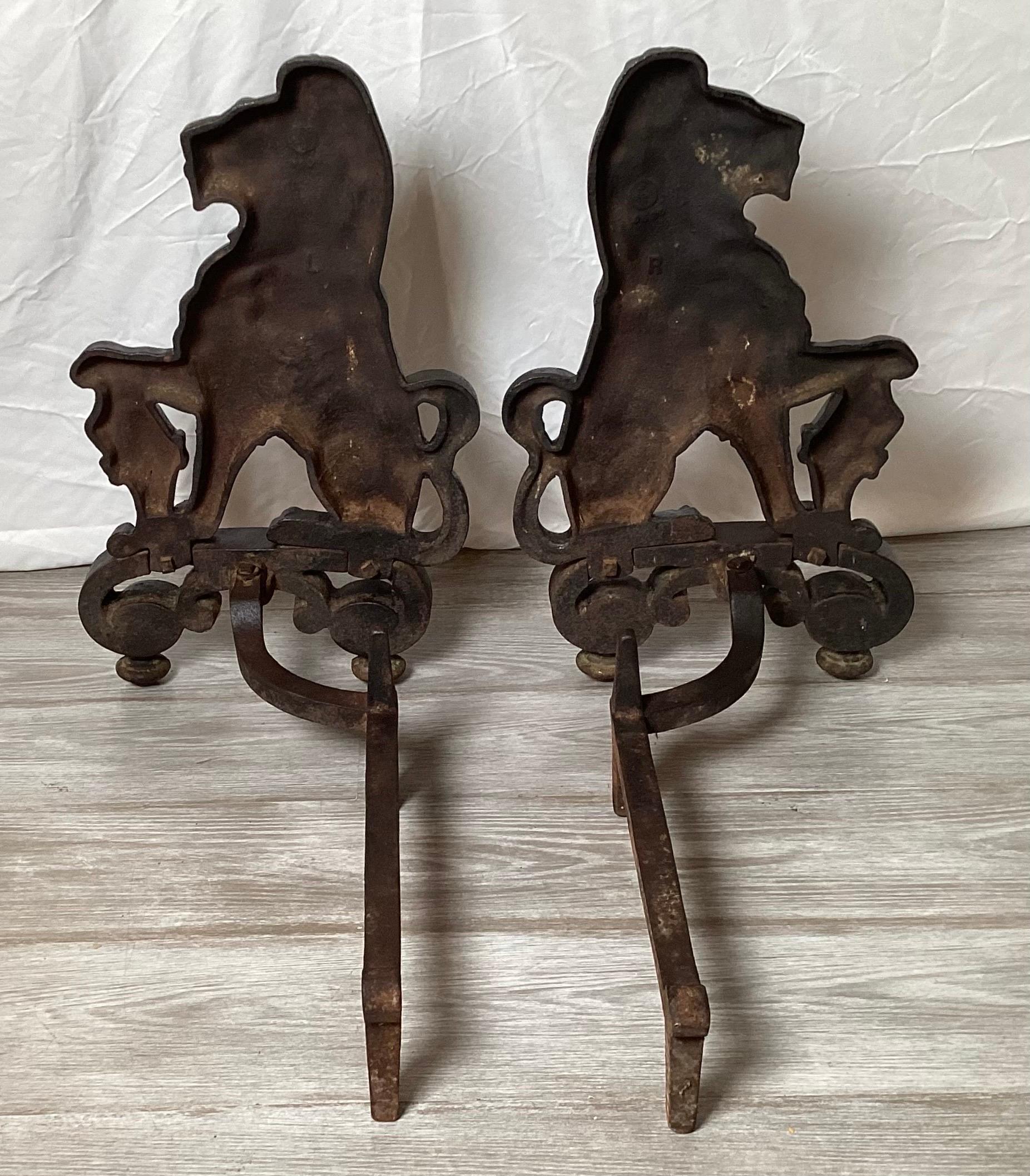 Pair of Wrought Iron Armorial Lion Andirons 3