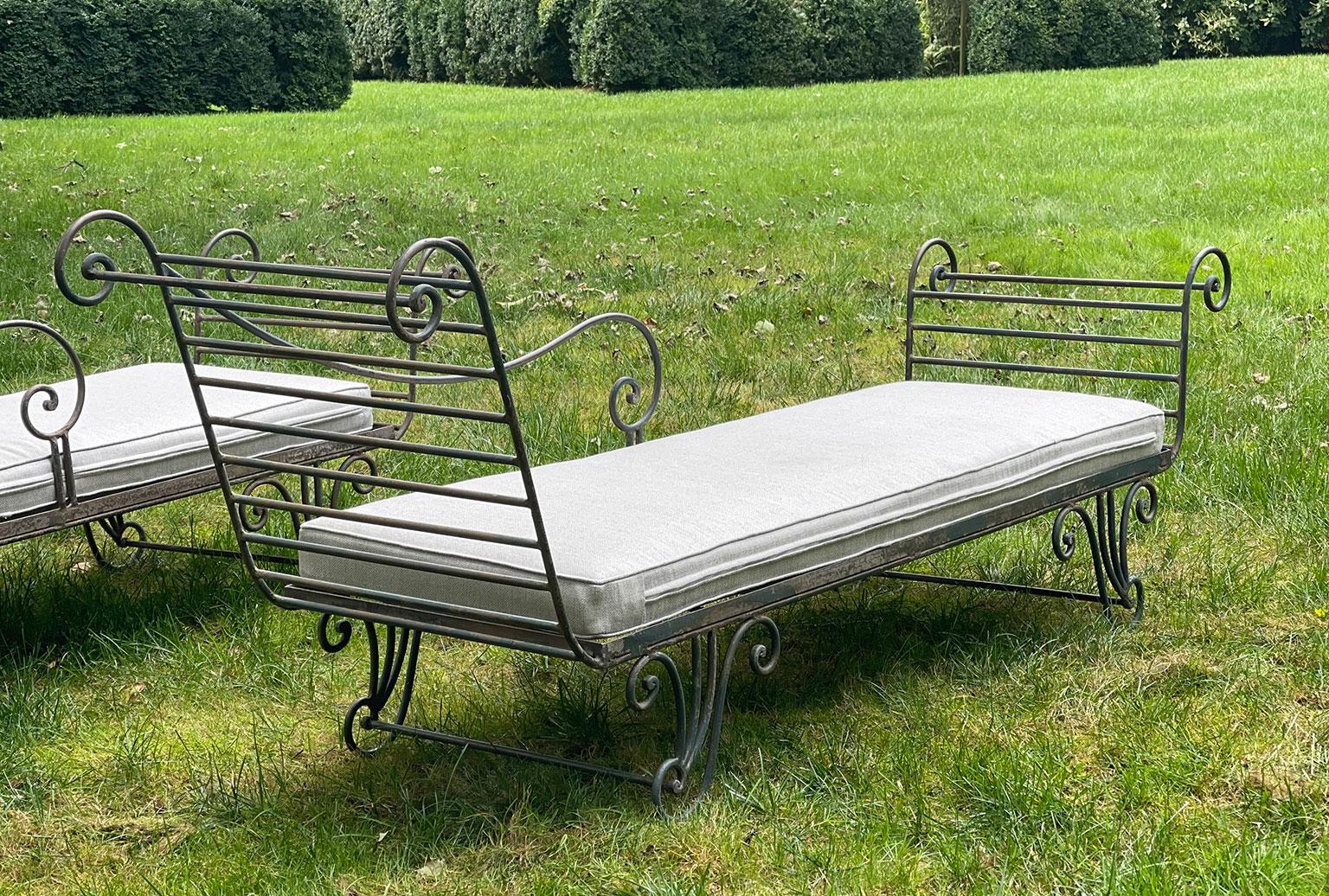 Neoclassical Revival Pair of Wrought-Iron Chaises with Sunbrella-Covered Cushions