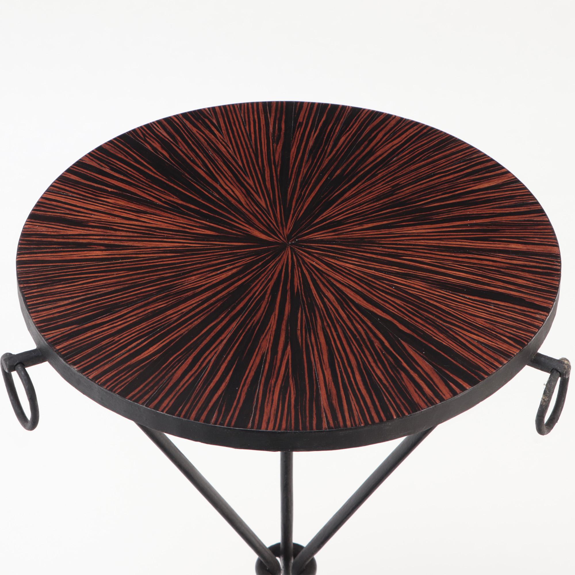 Wrought Iron A pair of wrought iron drink tables with parquet tops. Contemporary For Sale