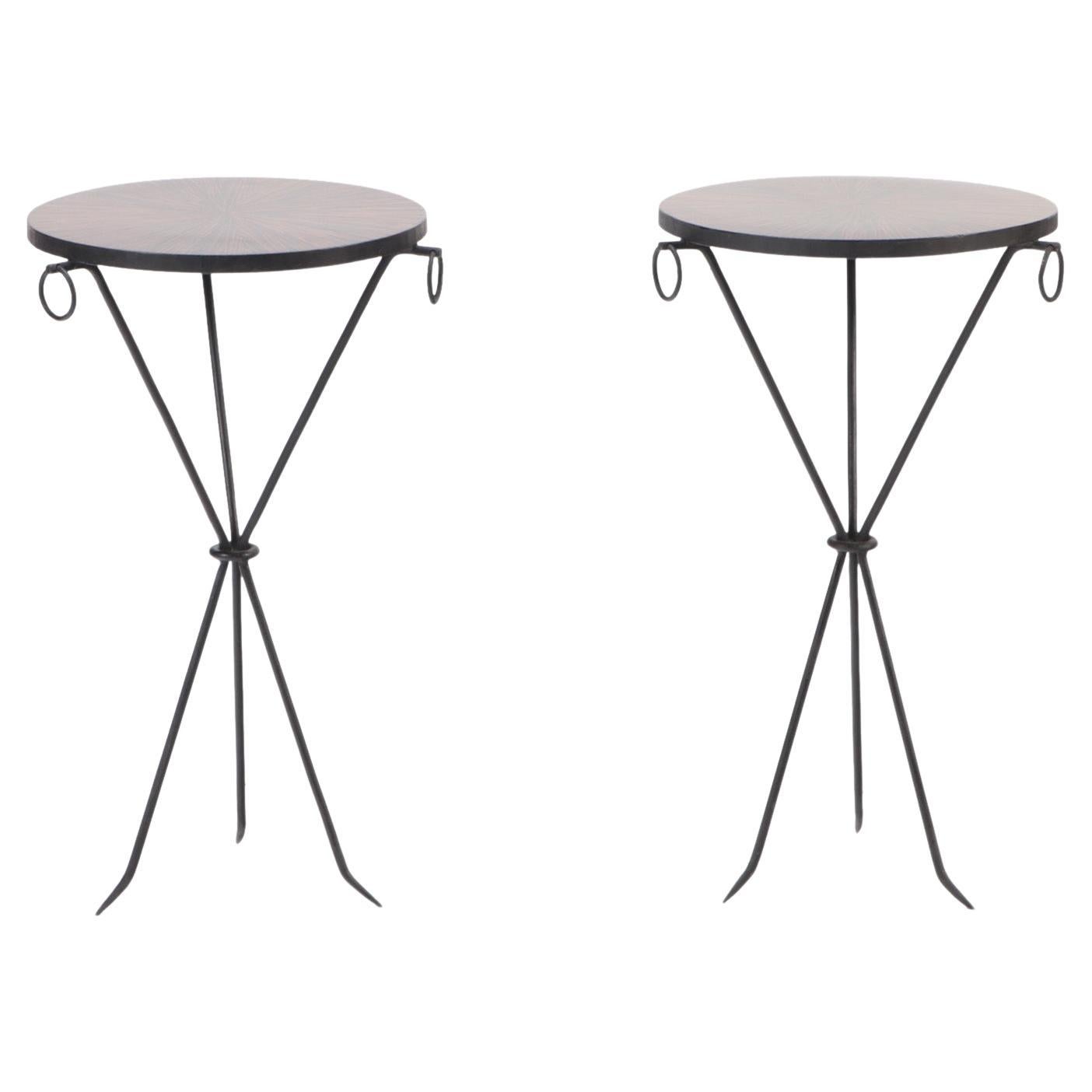 A pair of wrought iron drink tables with parquet tops. Contemporary For Sale