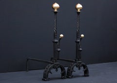Pair of Wrought Iron Firedogs with Barley Twist Shafts