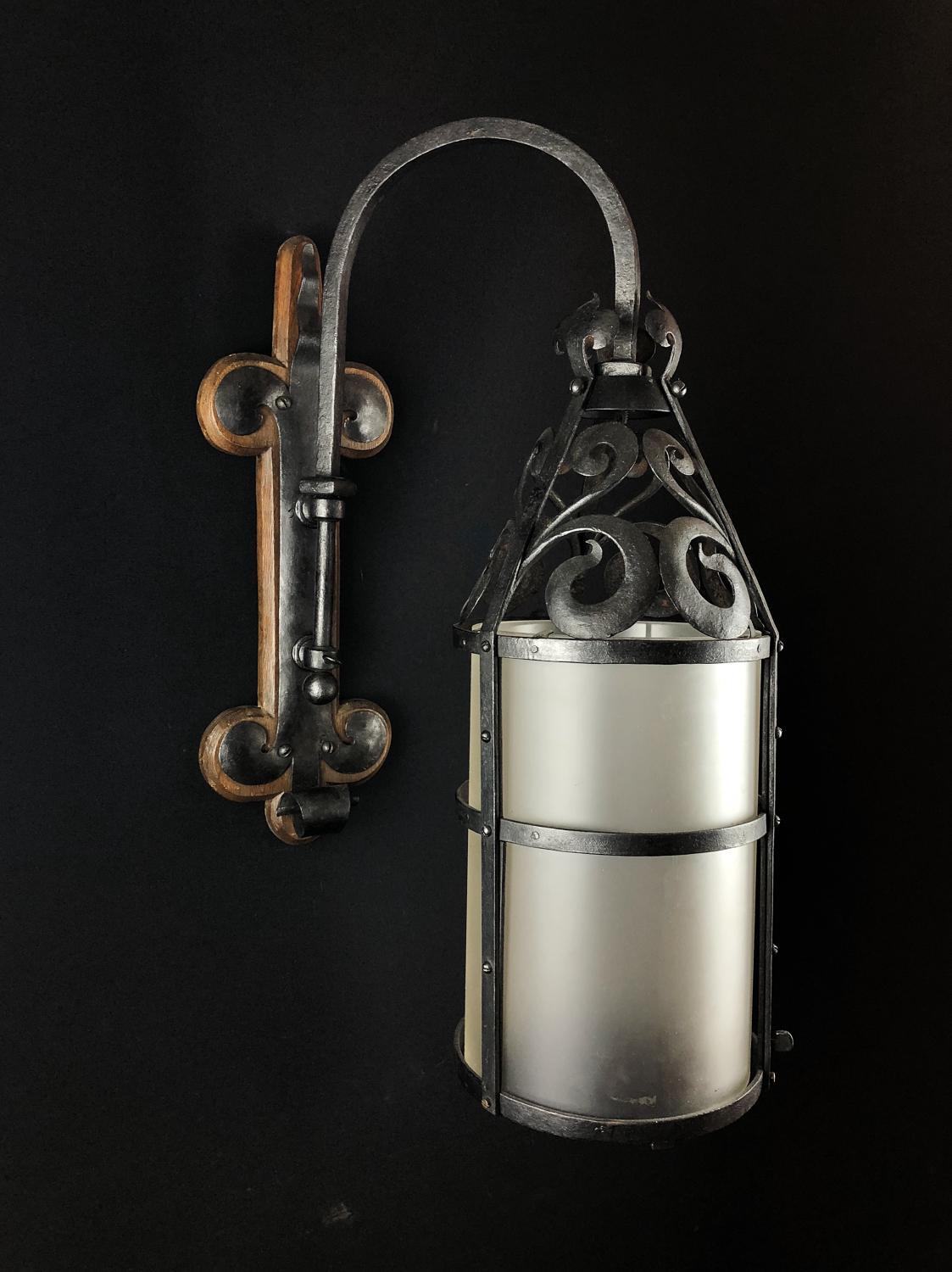 Pair of Wrought Iron & Frosted Glass Wall Lights in Arts & Crafts Style c1910 In Good Condition For Sale In London, GB