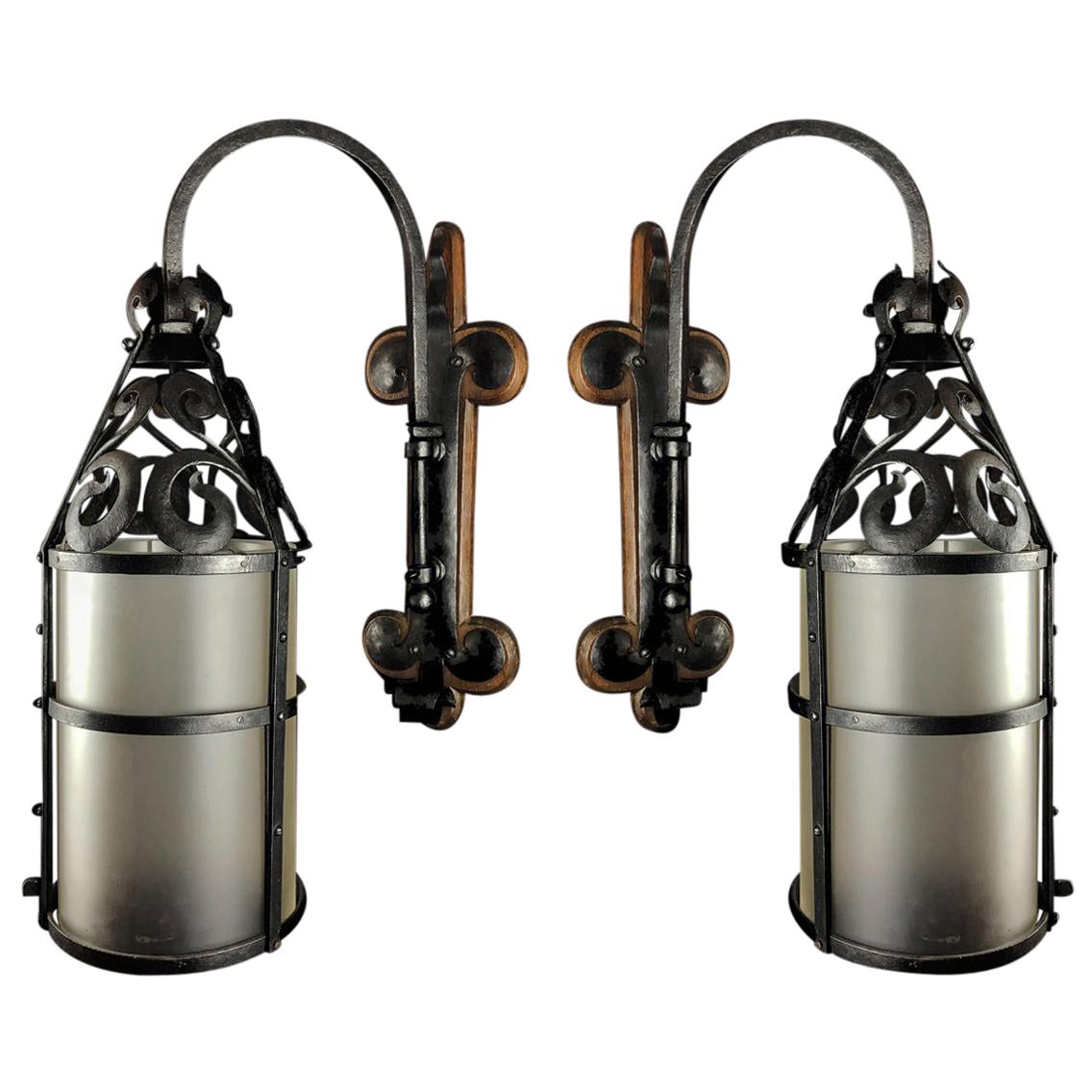 Pair of Wrought Iron & Frosted Glass Wall Lights in Arts & Crafts Style c1910 For Sale