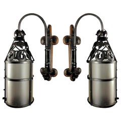 Pair of Wrought Iron & Frosted Glass Wall Lights in Arts & Crafts Style c1910