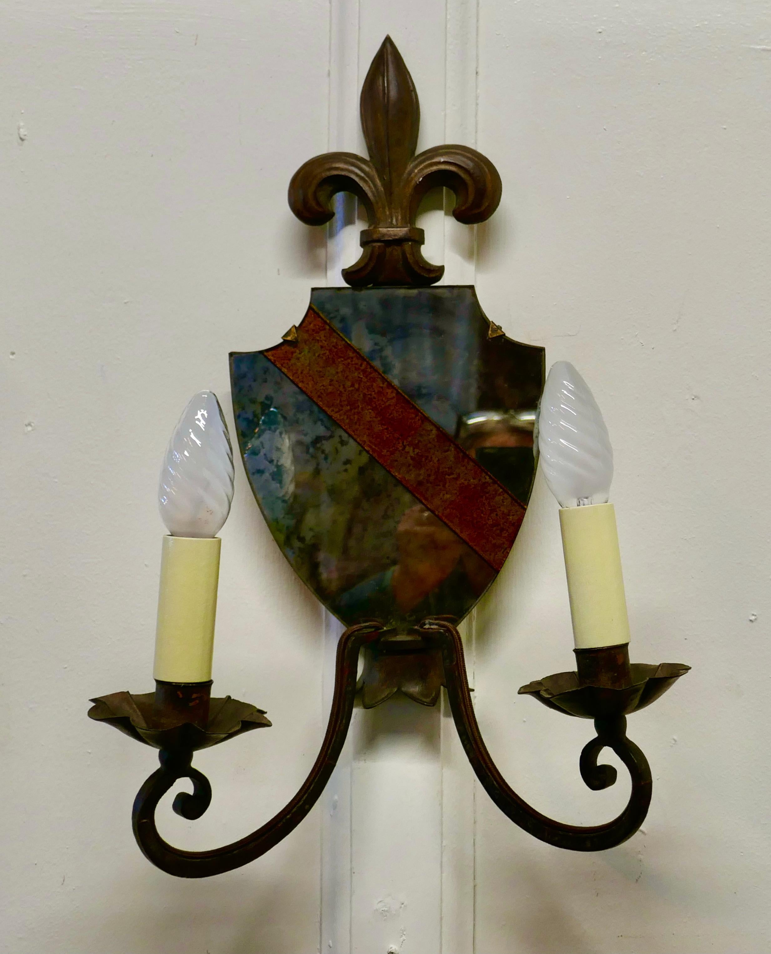 Pair of Wrought Iron Heraldic Shield Shaped Girandole Wall Mirrors In Good Condition In Chillerton, Isle of Wight