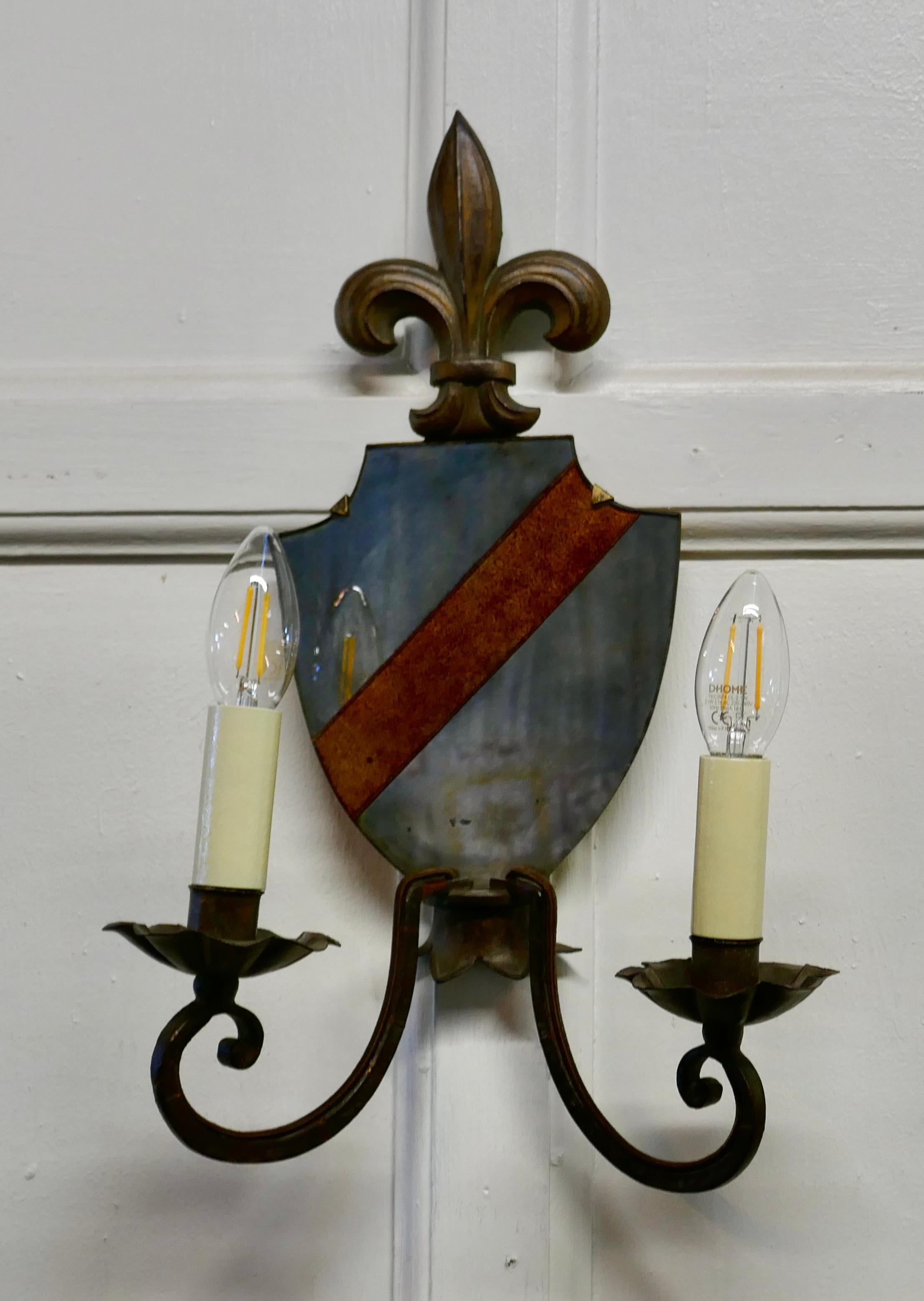 20th Century Pair of Wrought Iron Heraldic Shield Shaped Girandole Wall Mirrors