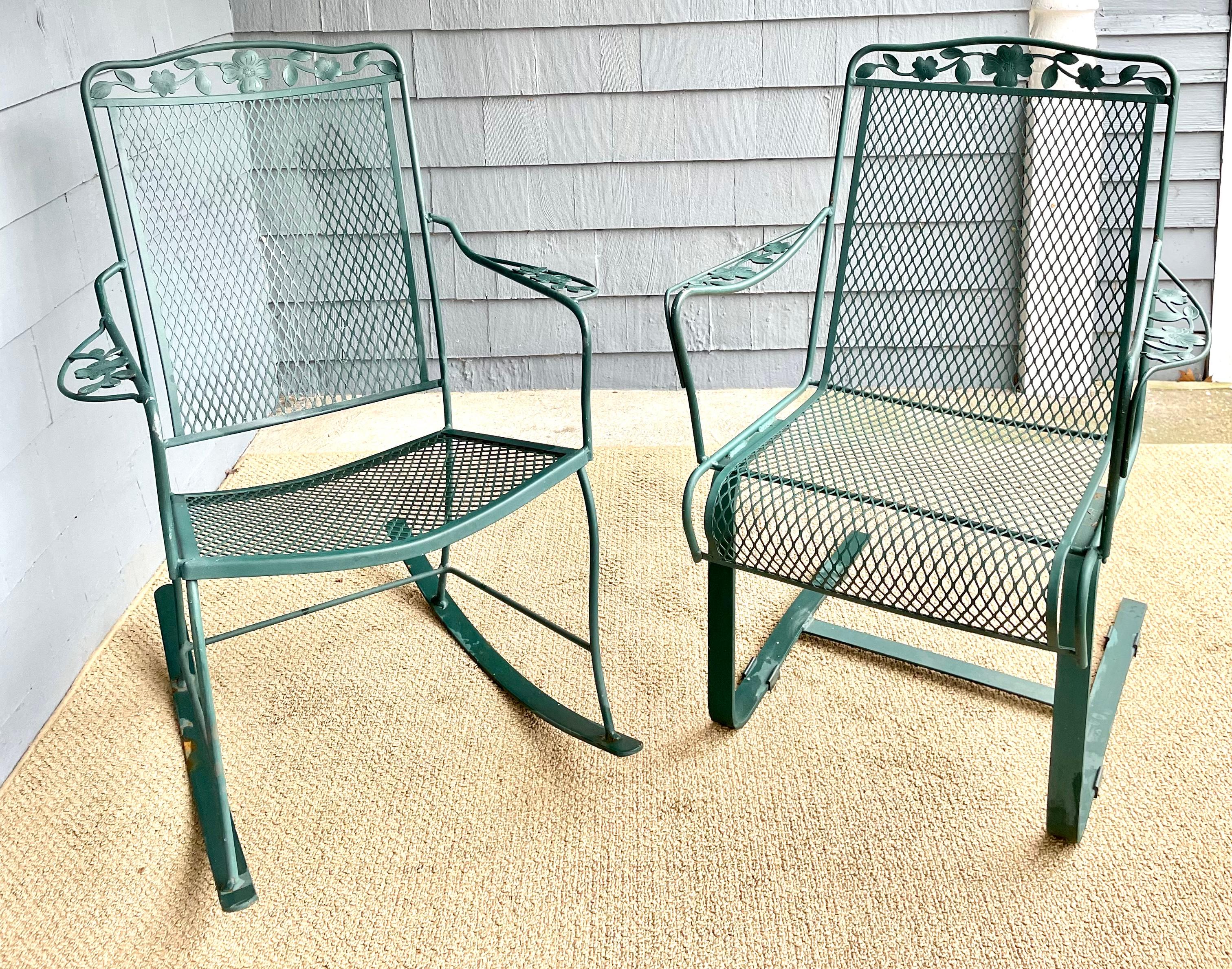 Available now and ready to ship for your enjoyment is a Pair of Wrought Iron Outdoor Patio Chairs. This pair of sustainable Wrought Iron Patio Chairs will last decades to come being made out of heavy wrought iron. The Rocker Arm Chair and Bouncer