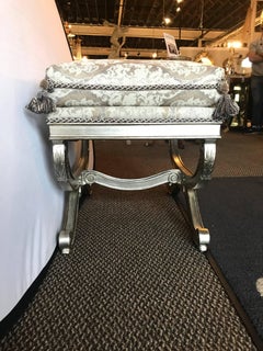Pair of X-Shaped Silver Leaf Benches or Footstools with New Custom Upholstery