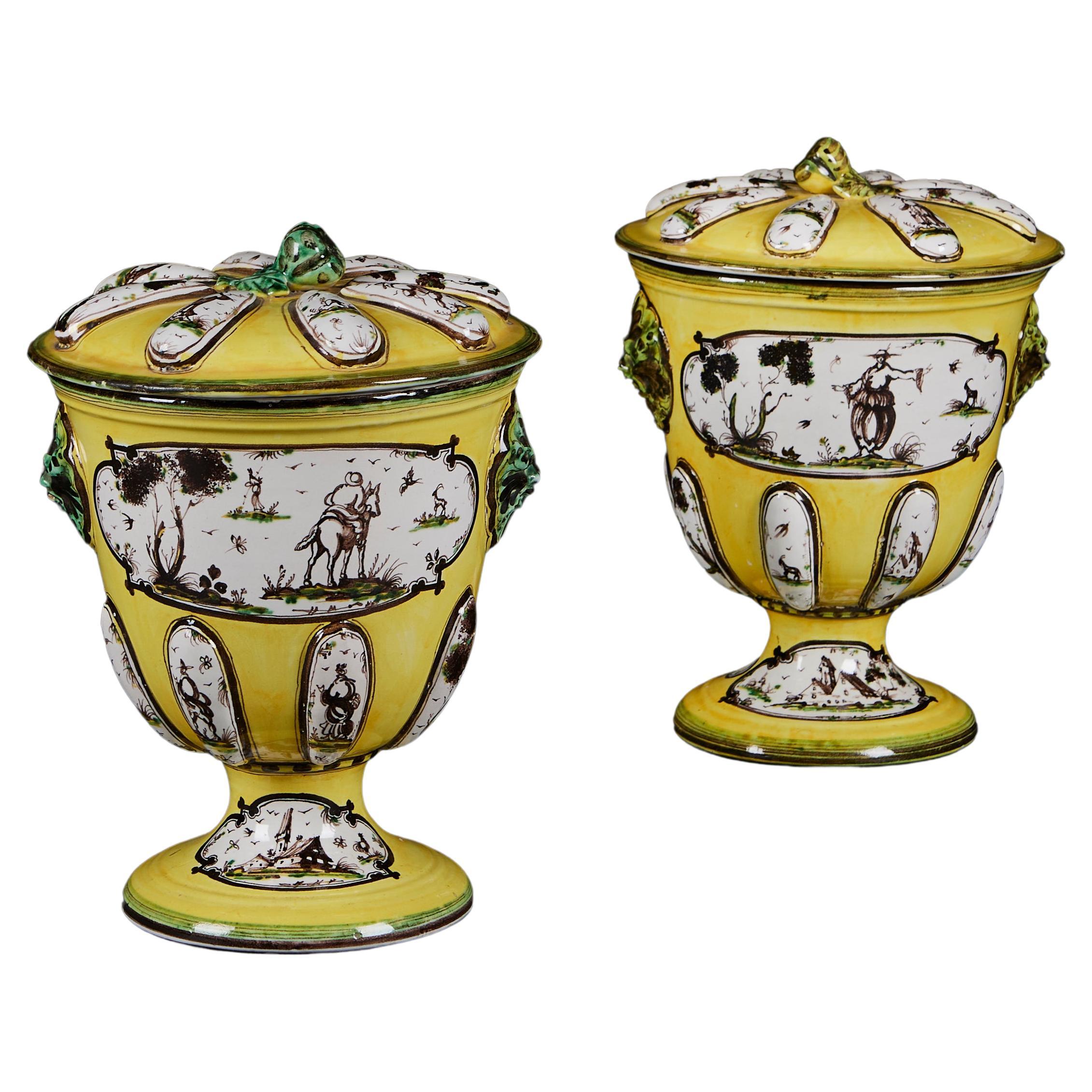A Pair of Yellow 19th Century French Faience Cache Pots with Lids