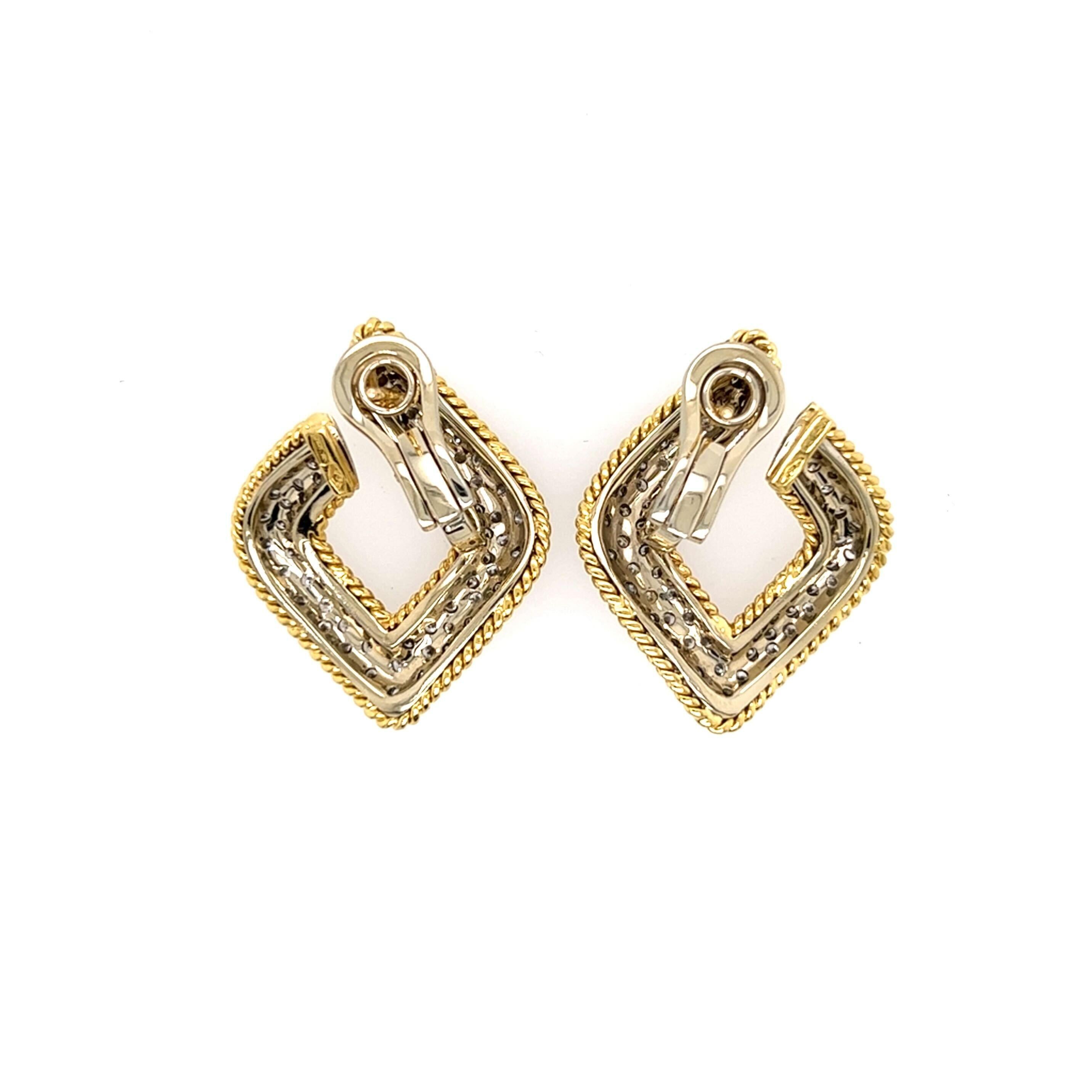 Round Cut Pair of Yellow and White Gold and Diamond Earrings