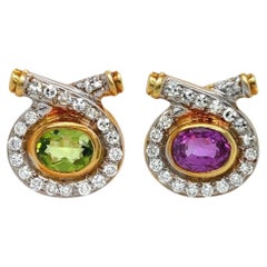 A Pair of Yellow and White Gold, Peridot, Pink Tourmaline and Diamond Earrings