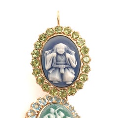 Pair of Yellow Gold, Agate Cameo, Blue Topaz and Peridot Earrings