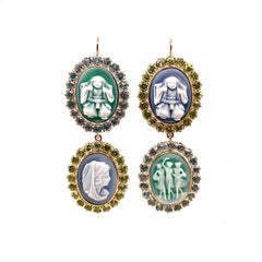 Pair of Yellow Gold, Agate Cameo, Blue Topaz and Peridot Earrings