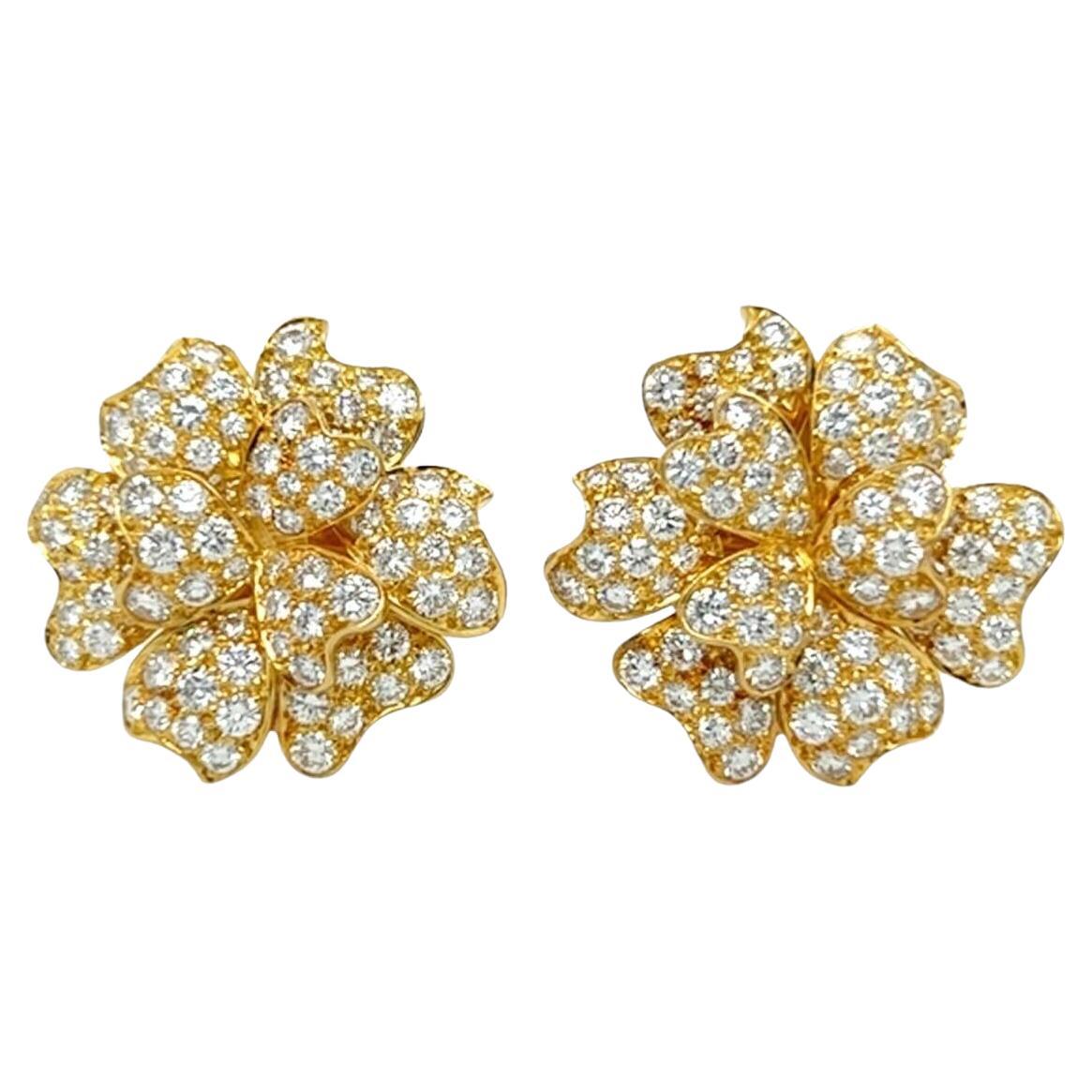 Pair of Yellow Gold and Diamond Flower Earrings