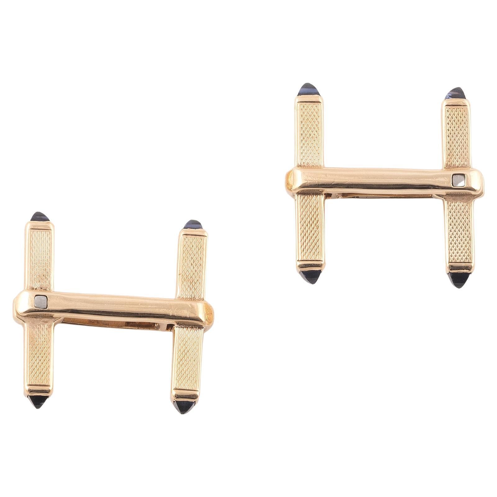 Art Deco Pair of Yellow Gold and Sapphire H-Shaped Cufflinks by Asprey & Co
