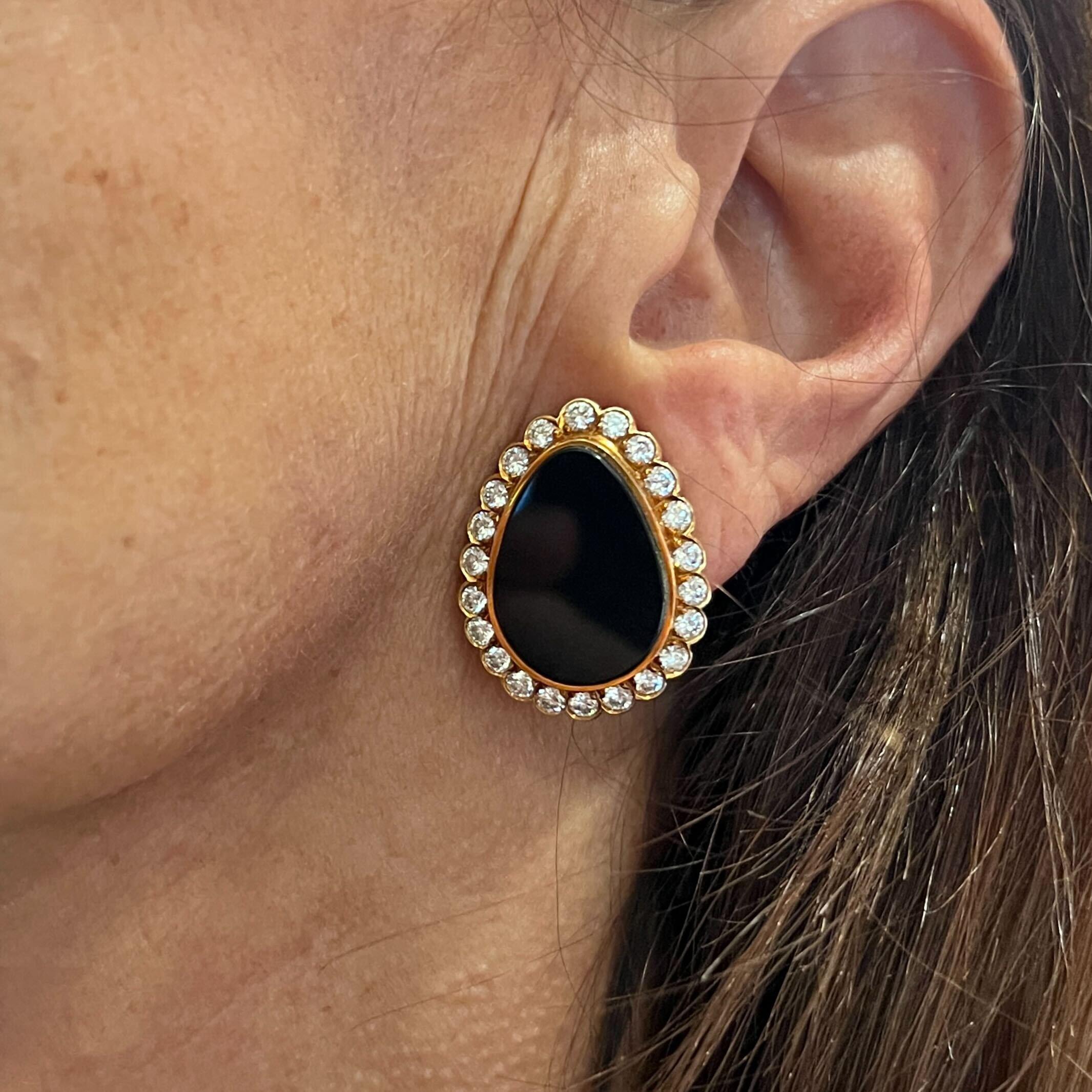 Round Cut A Pair of Yellow Gold, Black Onyx and Diamond Earrings