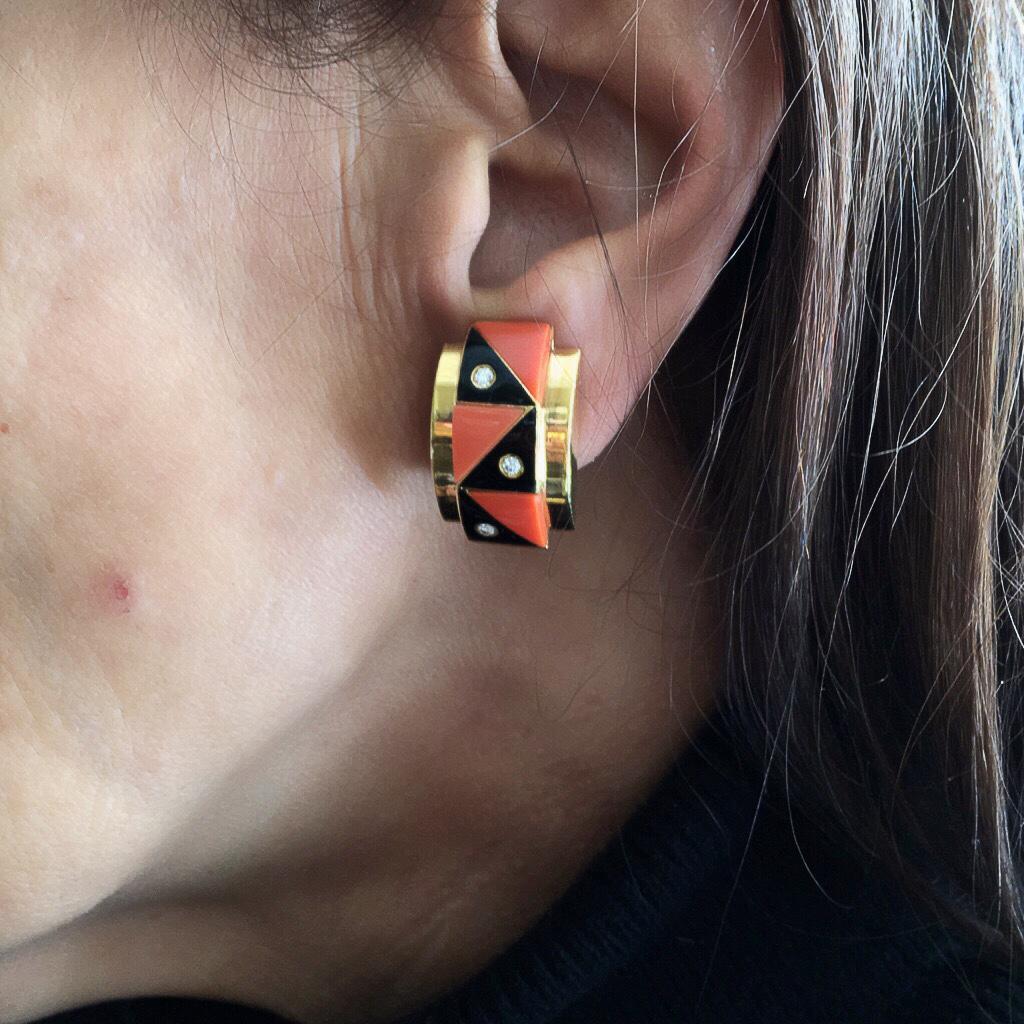 Women's or Men's Pair of Yellow Gold, Coral, Black Onyx and Diamond Earrings