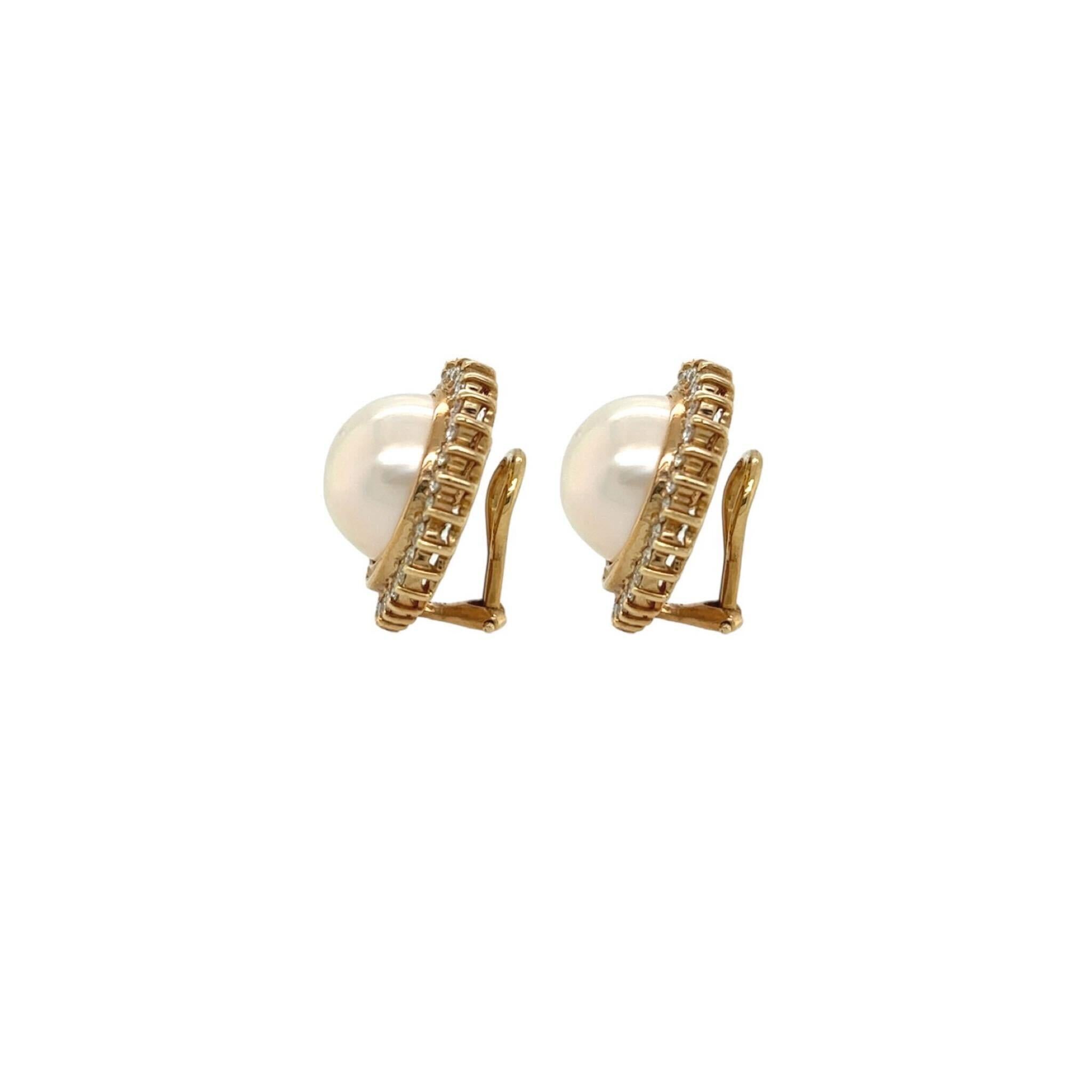 A Pair of Yellow Gold, Pearl and Diamond Earrings  In Excellent Condition For Sale In New York, NY