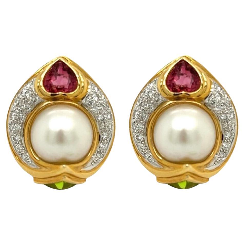 Pair of Yellow Gold, Pearl, Pink Tourmaline, Peridot and Diamond Earrings