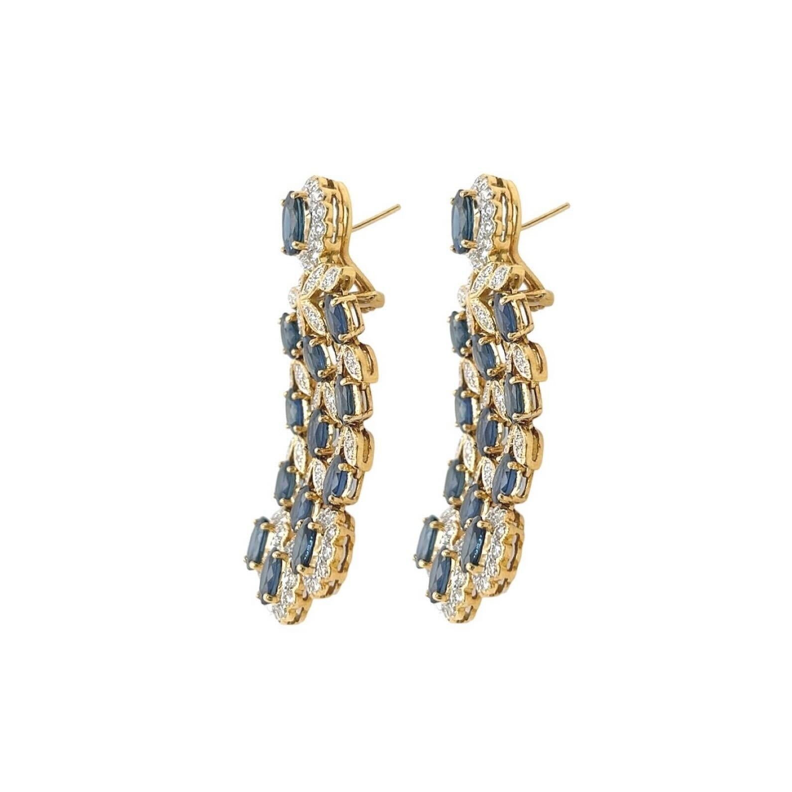 Oval Cut A Pair of Yellow Gold, Sapphire and Diamond Chandelier Earrings For Sale