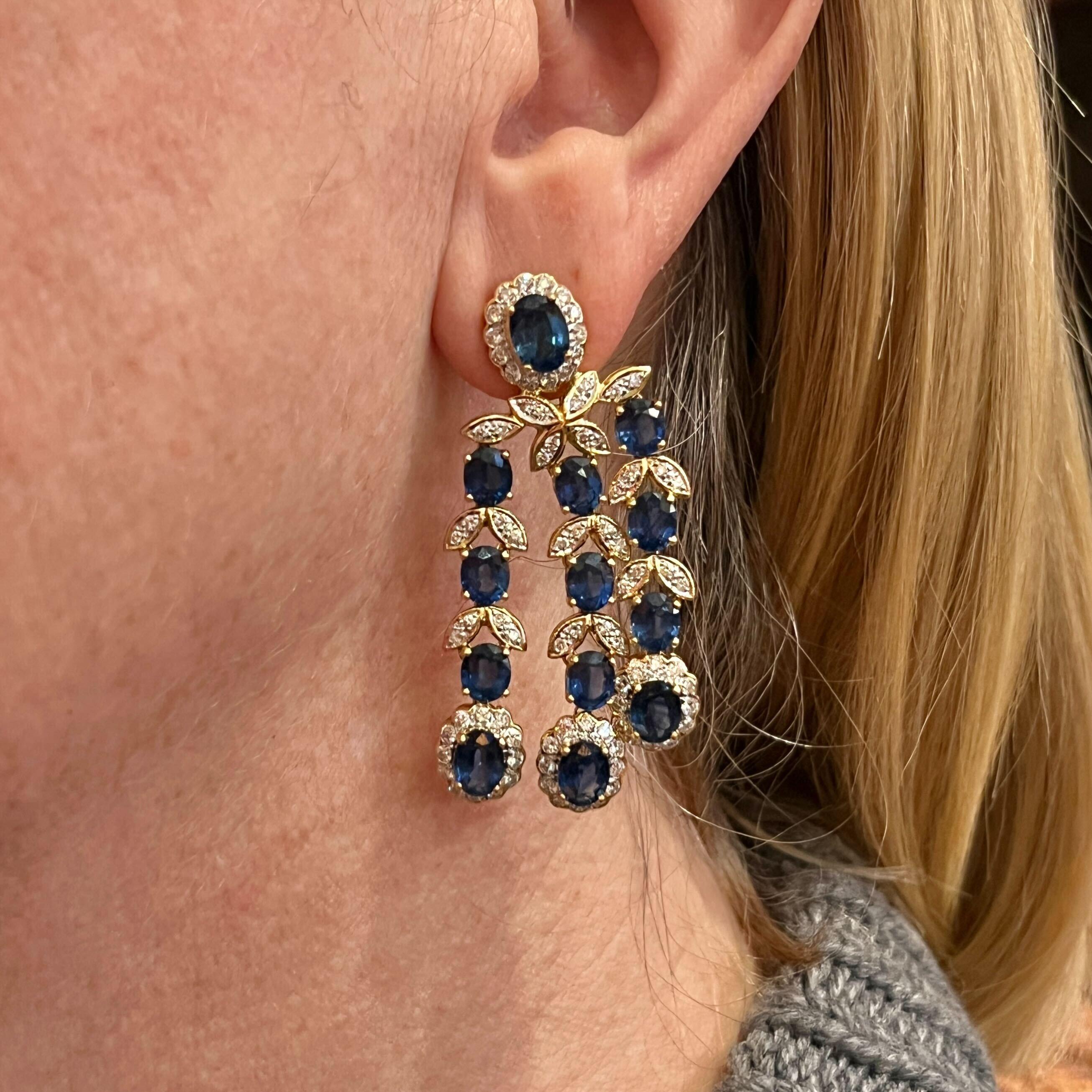 A Pair of Yellow Gold, Sapphire and Diamond Chandelier Earrings In Excellent Condition For Sale In New York, NY