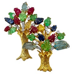 A Pair of Yellow Gold Tree Brooches with Assorted Carved Gemstones and Diamonds