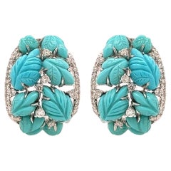 A Pair of Yellow Gold, Turquoise and Diamond Earrings