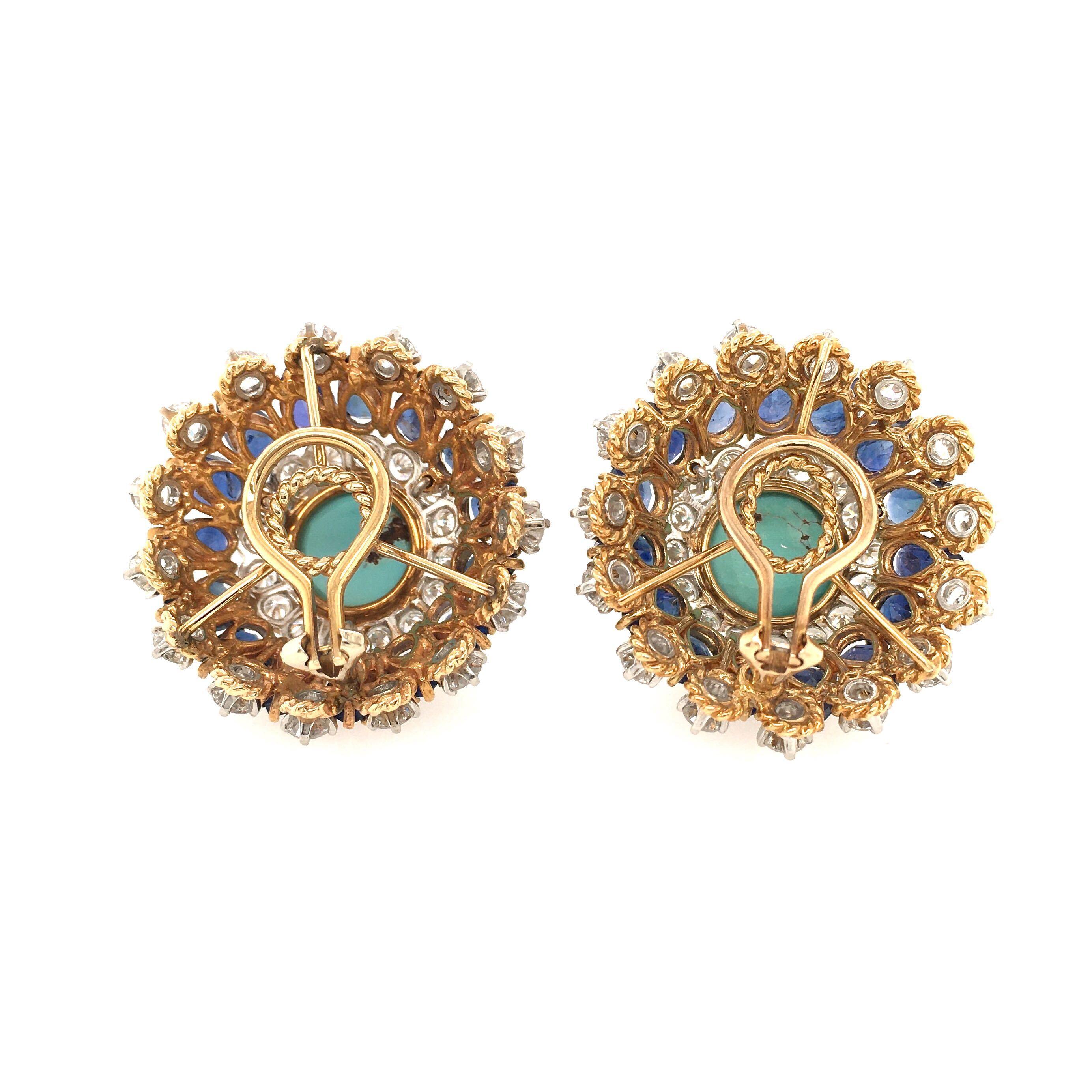 Cabochon Pair of Yellow Gold, Turquoise, Sapphire and Diamond Earrings