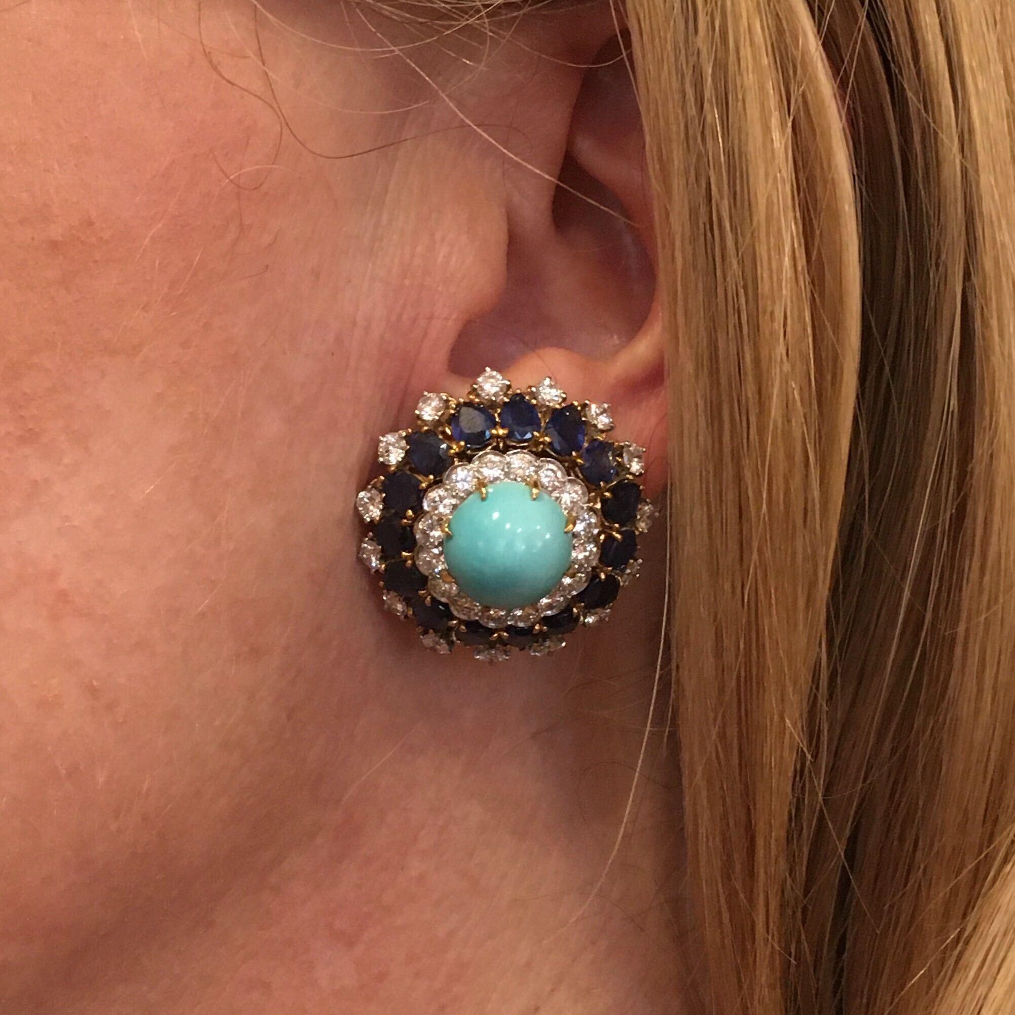 Pair of Yellow Gold, Turquoise, Sapphire and Diamond Earrings In Excellent Condition In New York, NY