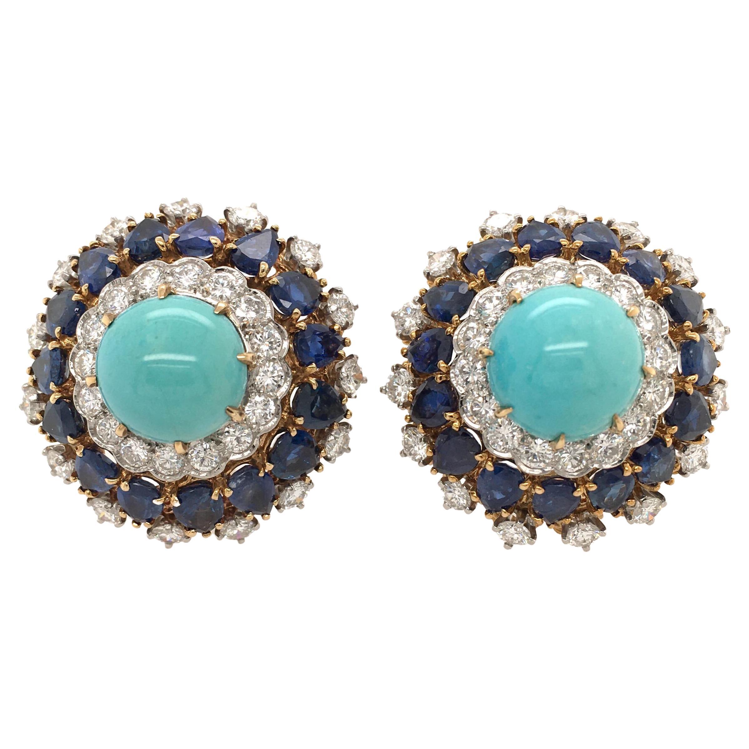 Pair of Yellow Gold, Turquoise, Sapphire and Diamond Earrings