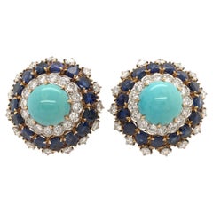 Retro Pair of Yellow Gold, Turquoise, Sapphire and Diamond Earrings