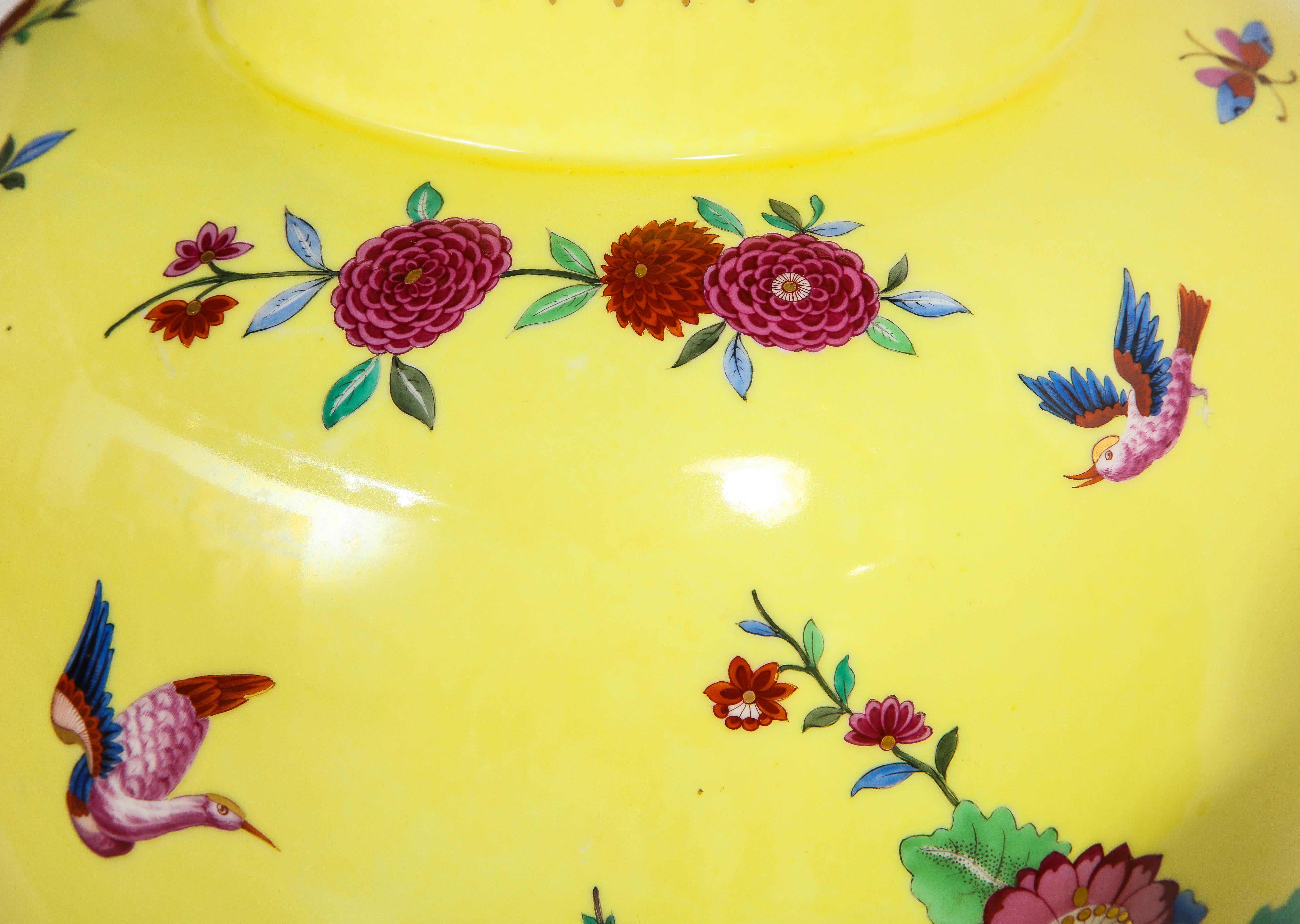 Pair of Yellow Ground German Porcelain Vases with Flower and Bird Decoration For Sale 7
