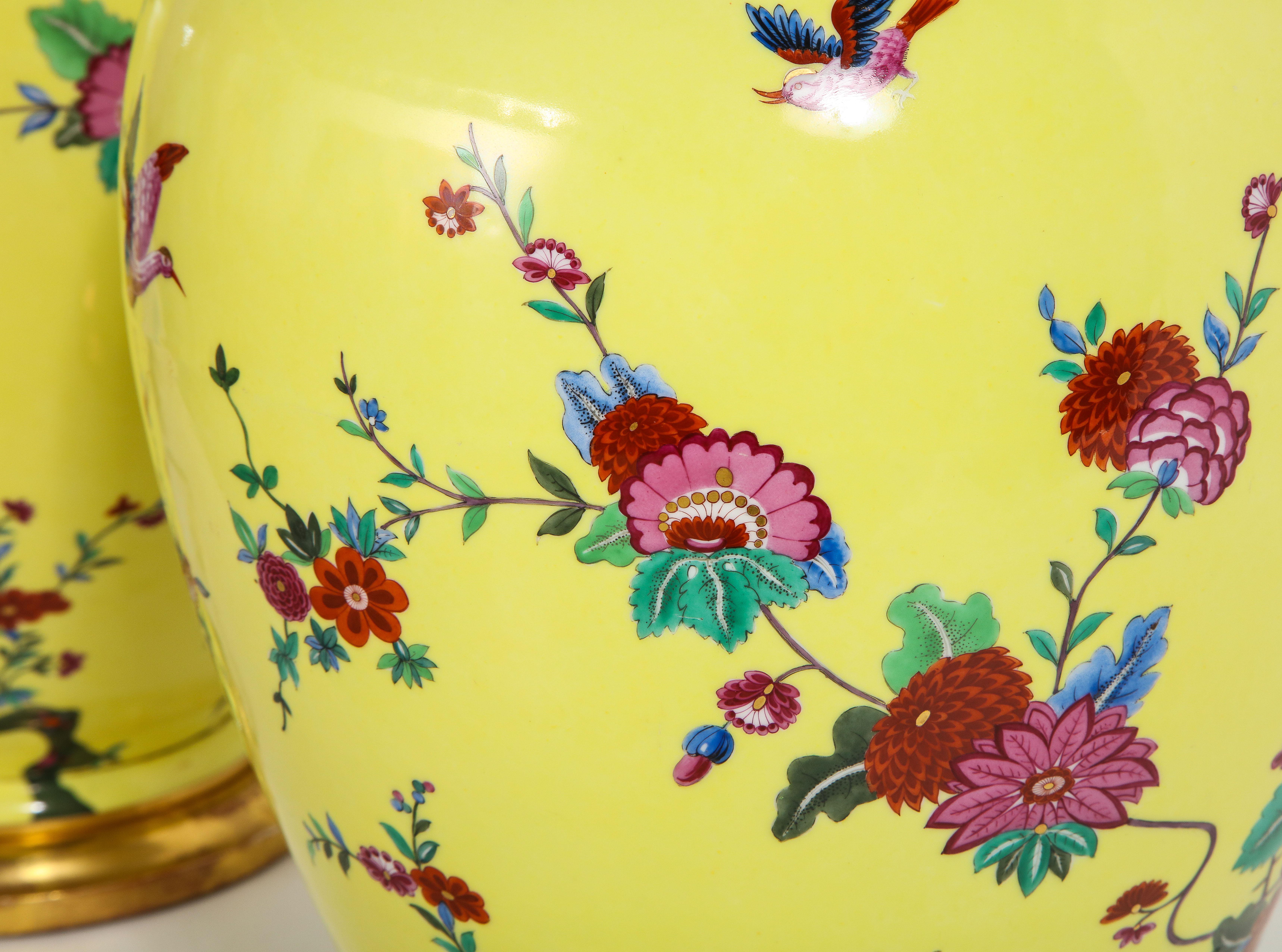 Pair of Yellow Ground German Porcelain Vases with Flower and Bird Decoration For Sale 8