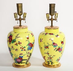 Pair of Yellow Ground German Porcelain Vases with Flower and Bird Decoration