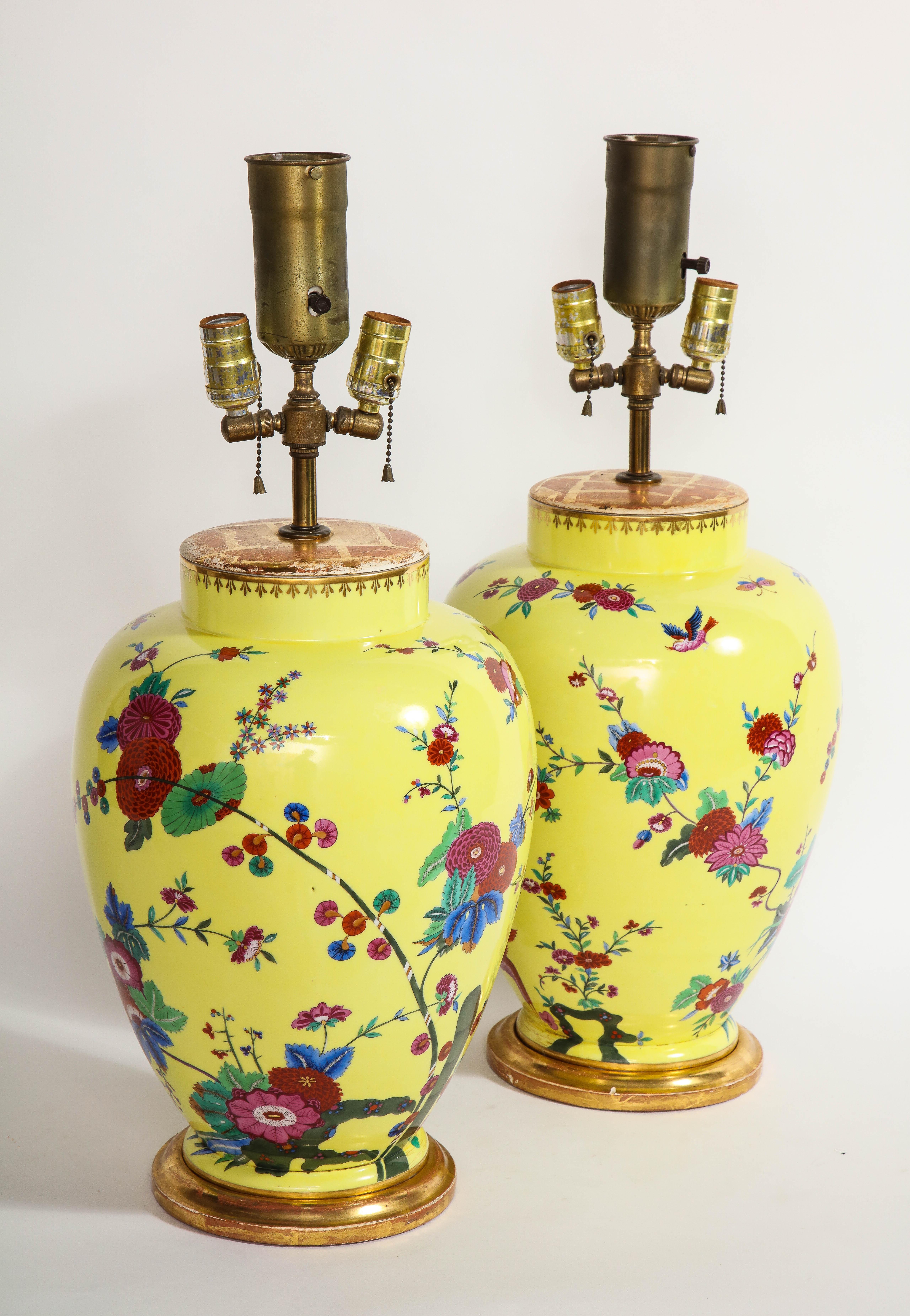 Hand-Painted Pair of Yellow Ground German Porcelain Vases with Flower and Bird Decoration For Sale